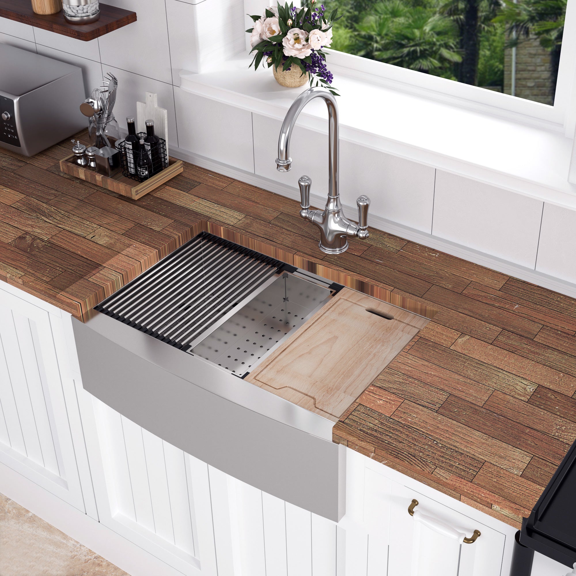 Farmhouse Apron-Front Single Bowl Workstation Sink, Stainless Steel (SS07)