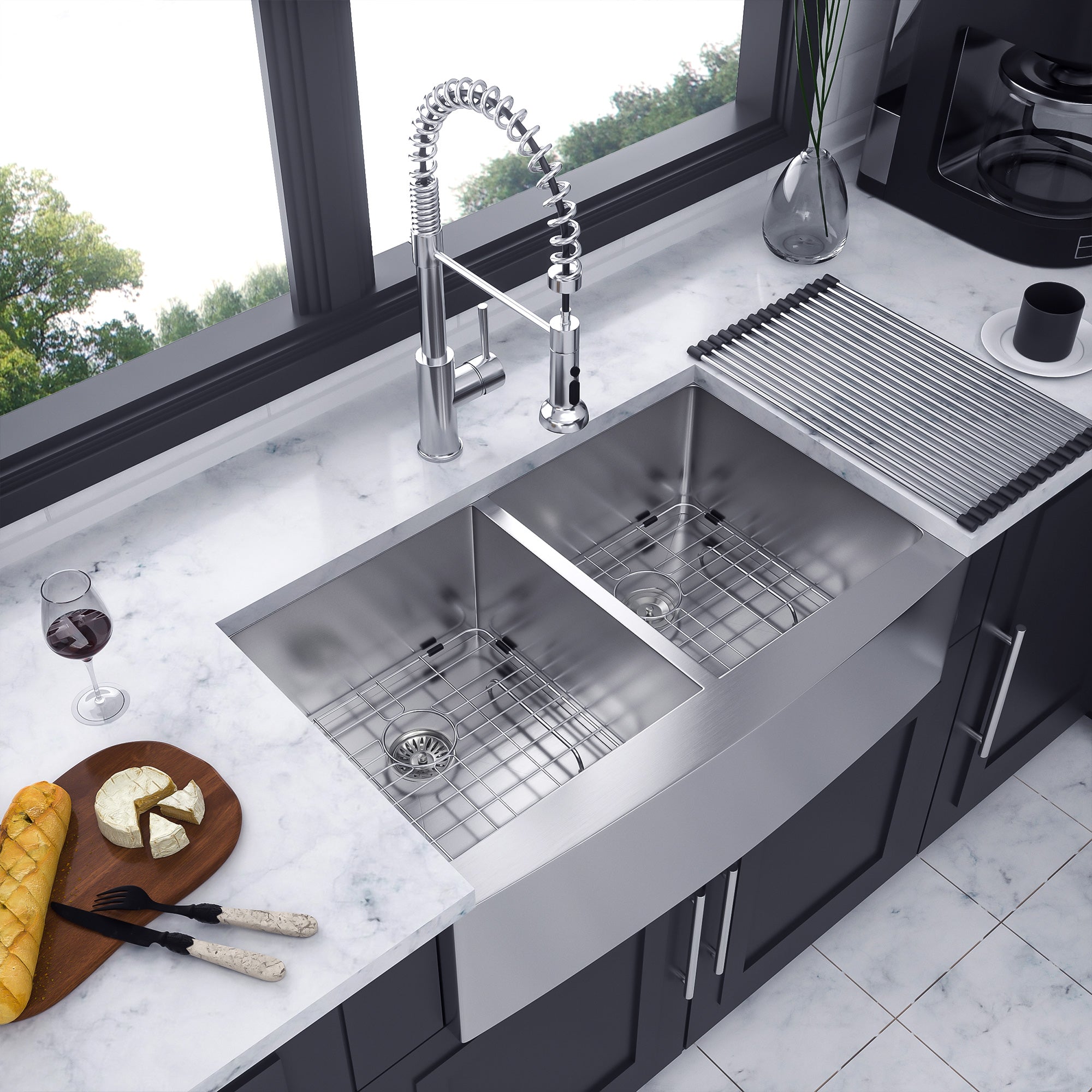Farmhouse Apron-Front Double Bowl Kitchen Sink, Stainless Steel (SS10)