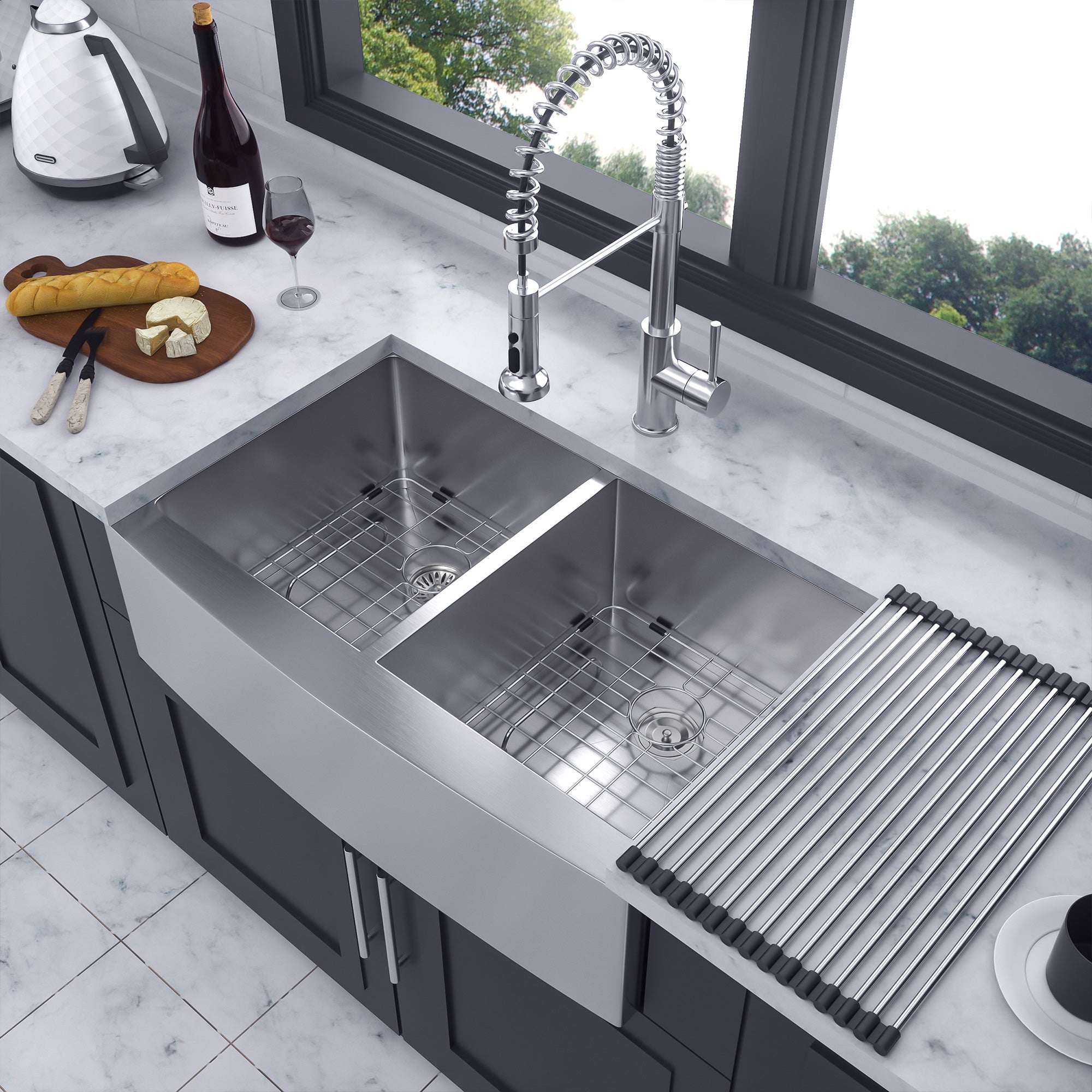 Farmhouse Apron-Front Double Bowl Kitchen Sink, Stainless Steel (SS10)