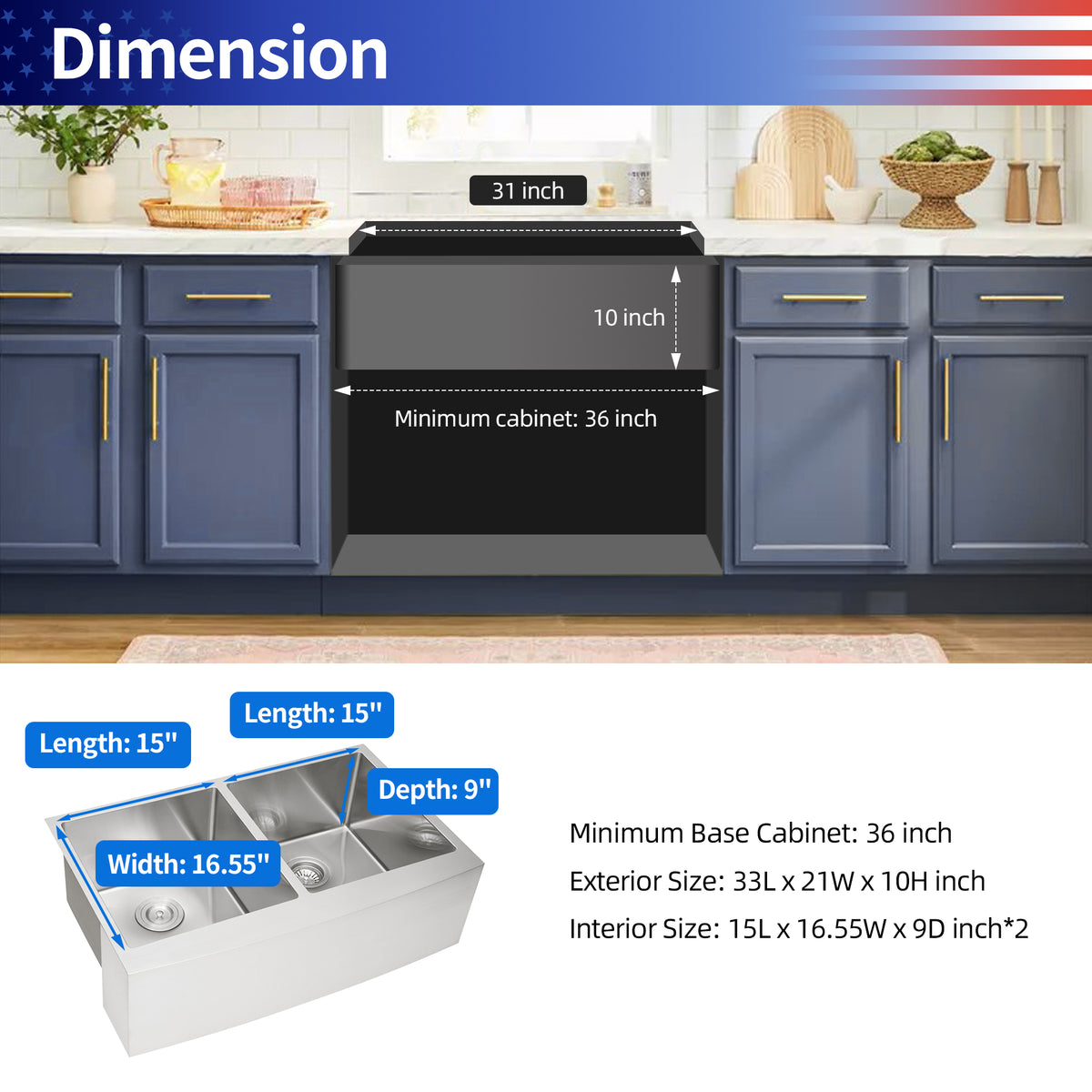 Farmhouse Apron-Front Double Bowl Kitchen Sink, Stainless Steel (SS10)