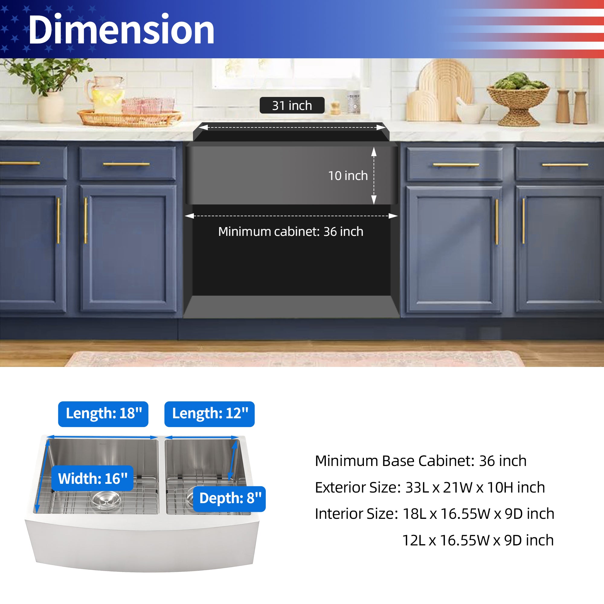 Farmhouse Apron-Front Double Bowl Kitchen Sink, Stainless Steel (SS10)
