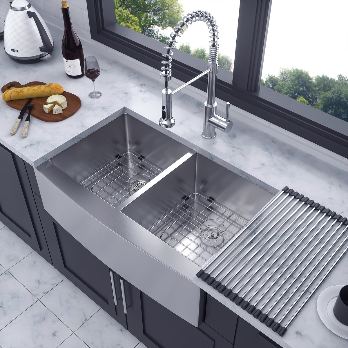 Farmhouse Apron-Front Double Bowl Kitchen Sink, Stainless Steel (SS10)