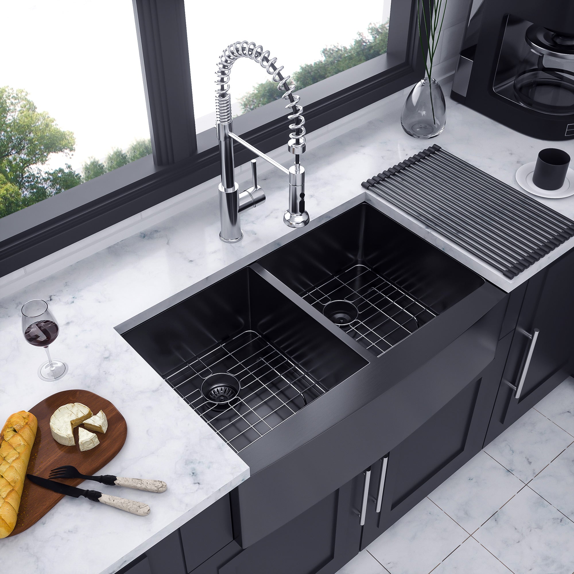 Farmhouse Apron-Front Double Bowl Kitchen Sink, Matte Black