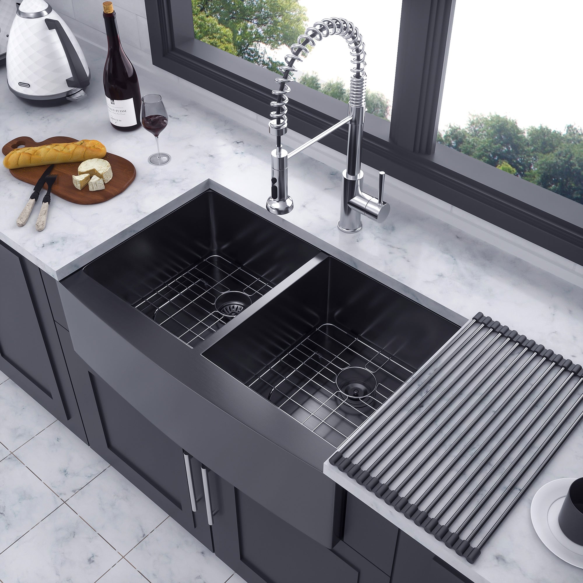 Farmhouse Apron-Front Double Bowl Kitchen Sink, Matte Black