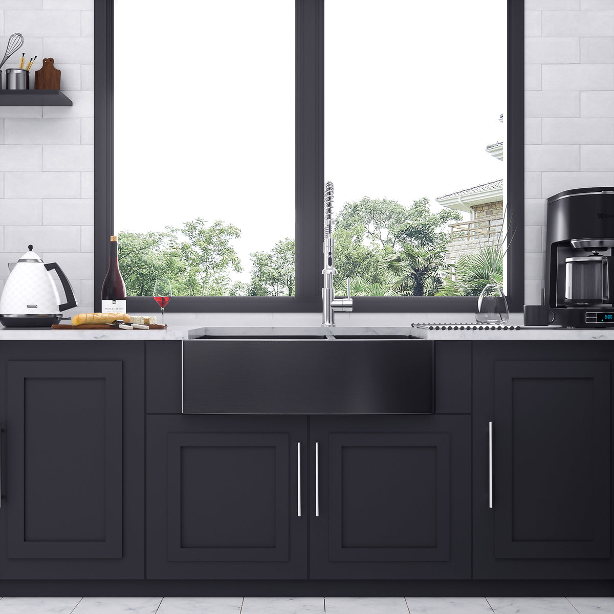 Farmhouse Apron-Front Double Bowl Kitchen Sink, Matte Black