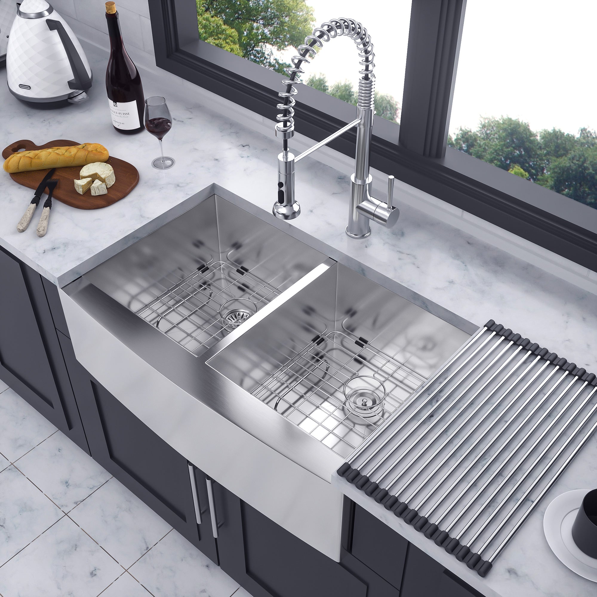 Farmhouse Apron-Front Double Bowl Kitchen Sink, Stainless Steel (SS12)
