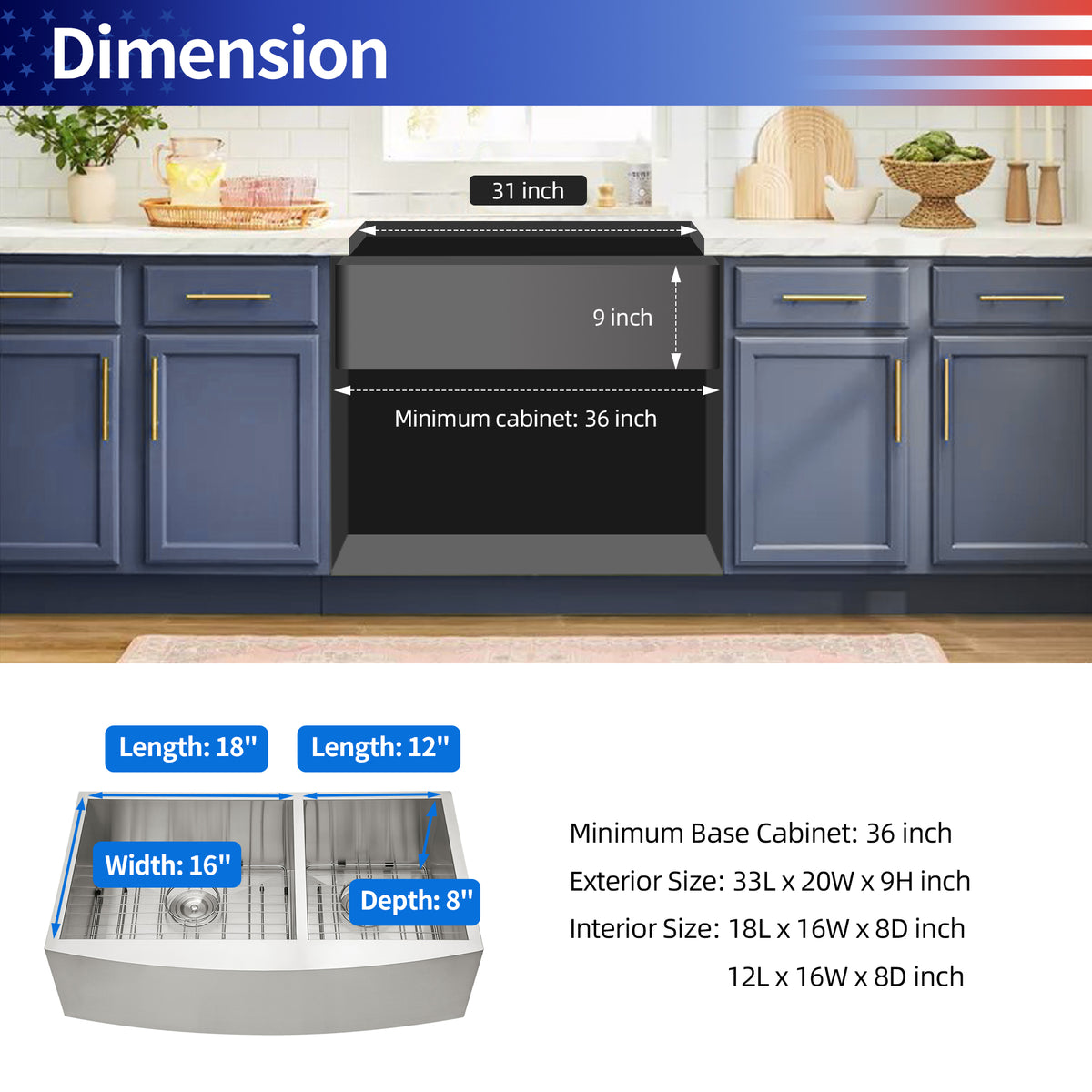RAINLEX Farmhouse Apron-Front Double Bowl Kitchen Sink in Stainless Steel (SS12)