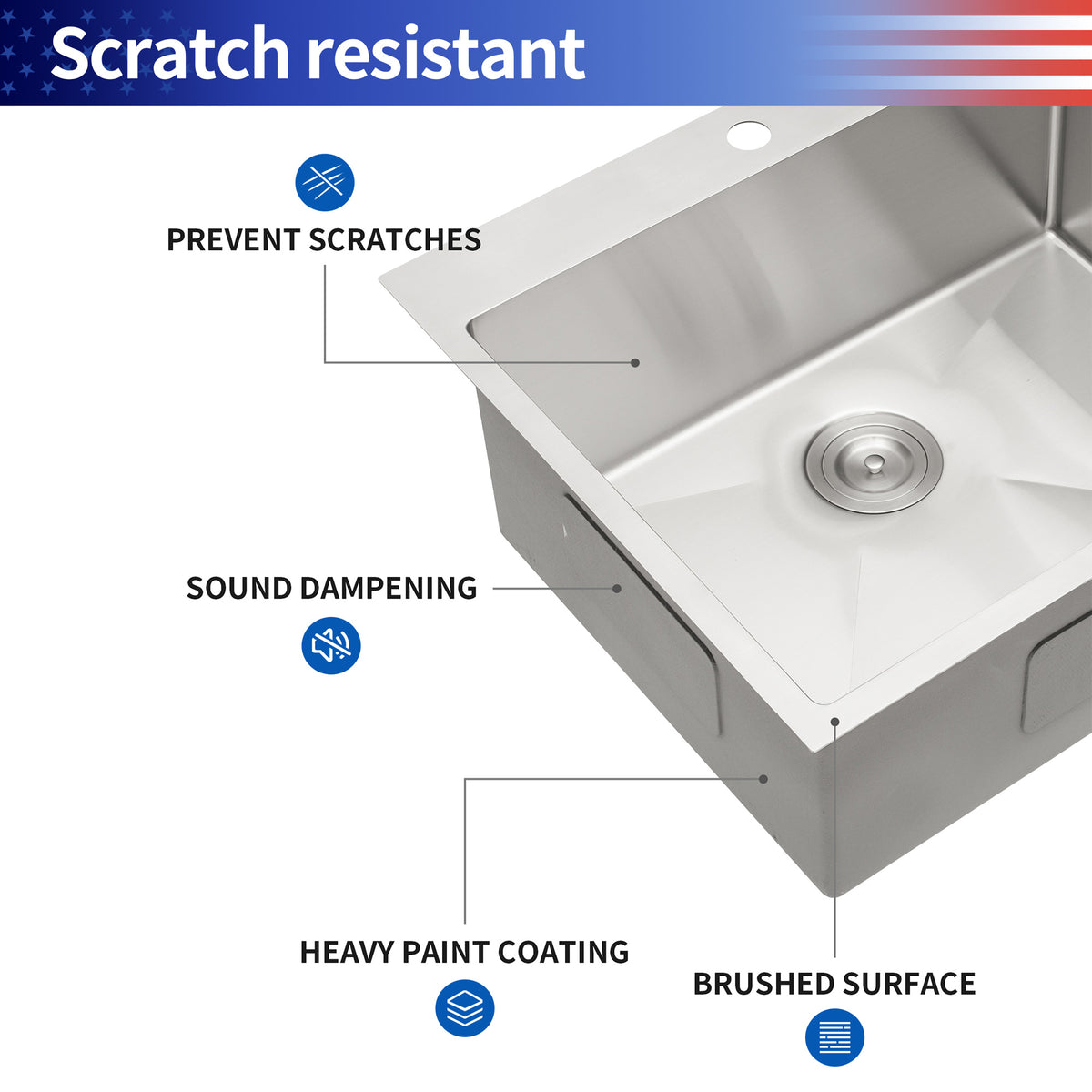 Drop-In Single Bowl Kitchen Sink, Stainless Steel (SS16)