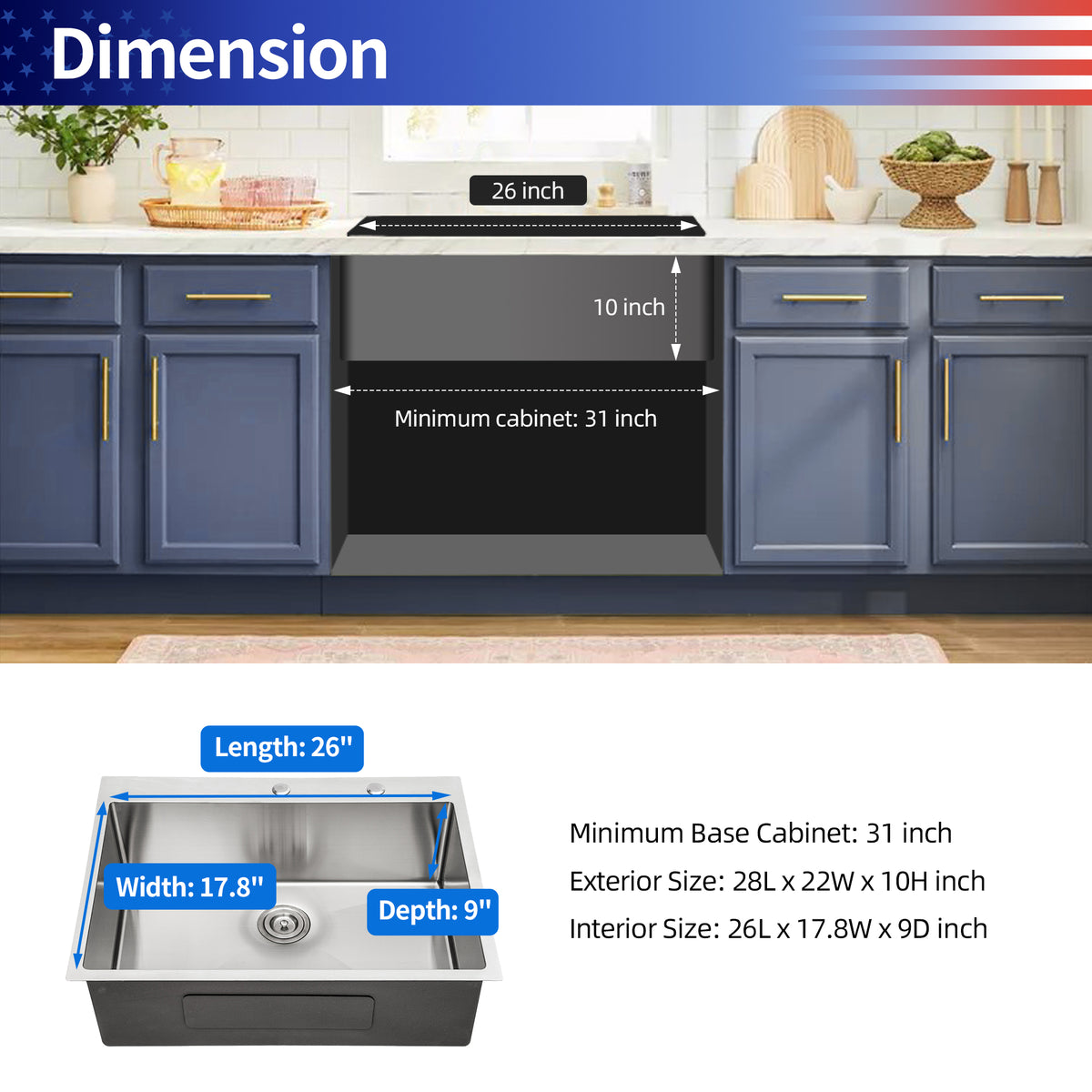 Drop-In Single Bowl Kitchen Sink, Stainless Steel (SS16)