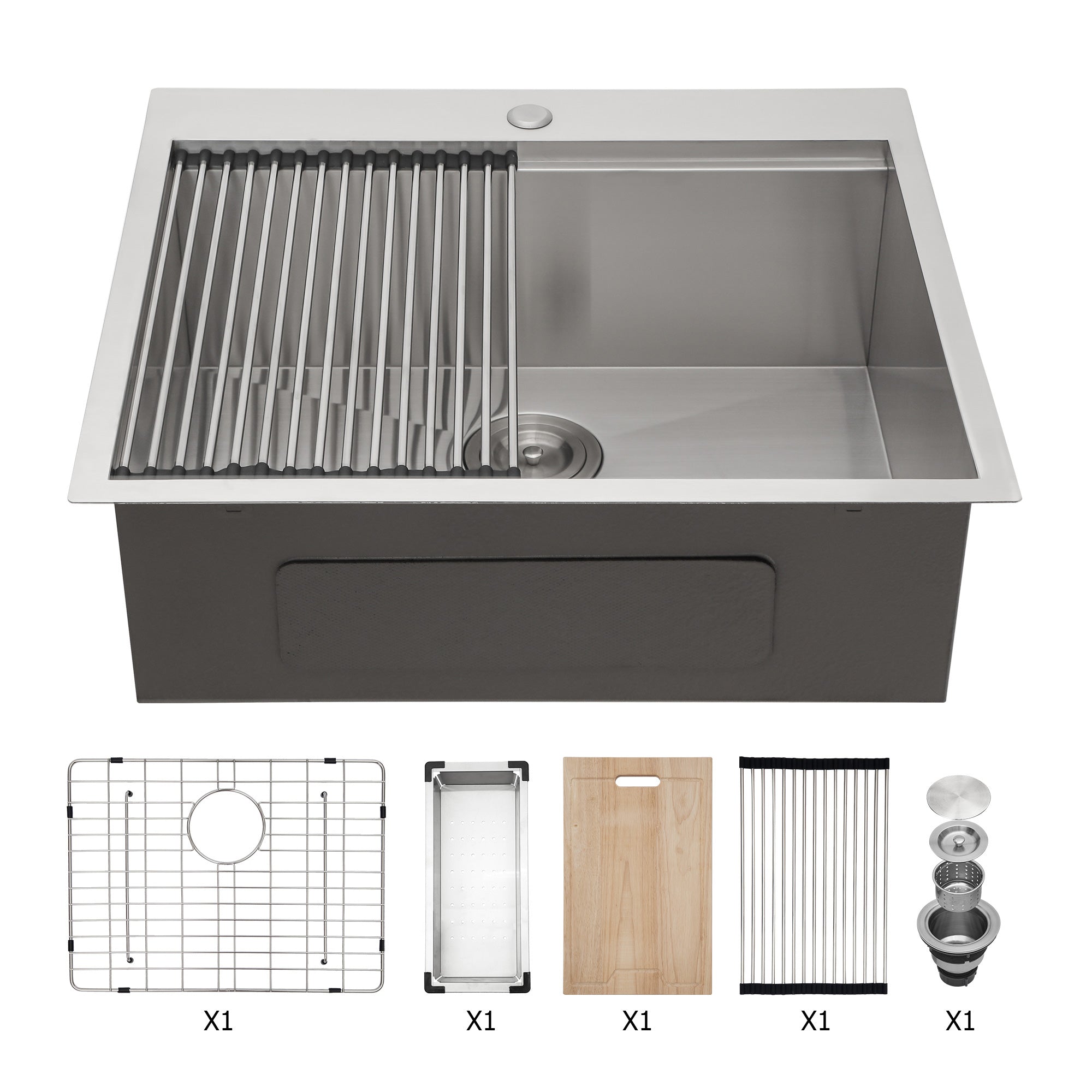 Évier de cuisine en acier inoxydable à cuve simple à encastrer avec poste de travail RX-SS18