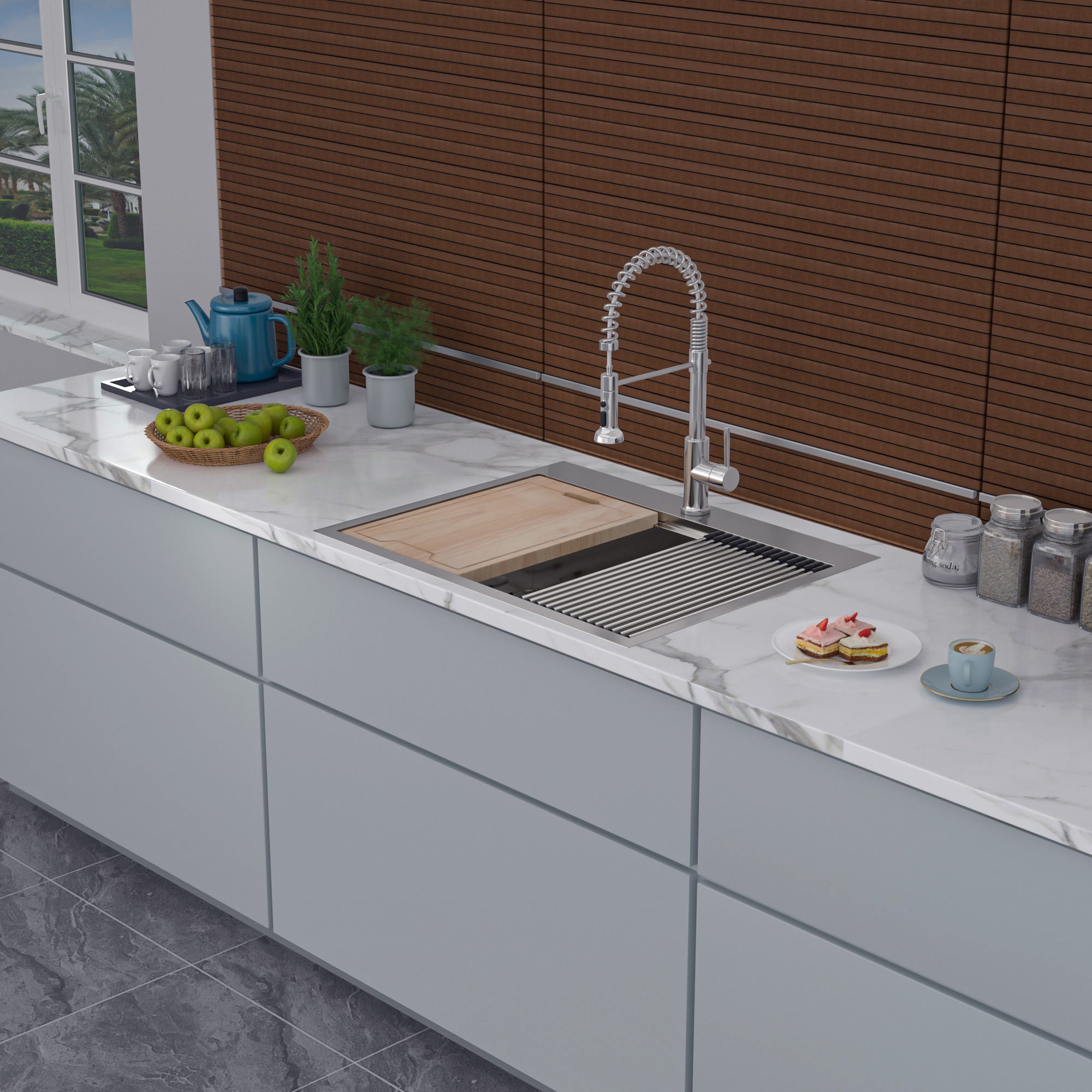 Évier de cuisine en acier inoxydable à cuve simple à encastrer avec poste de travail RX-SS18