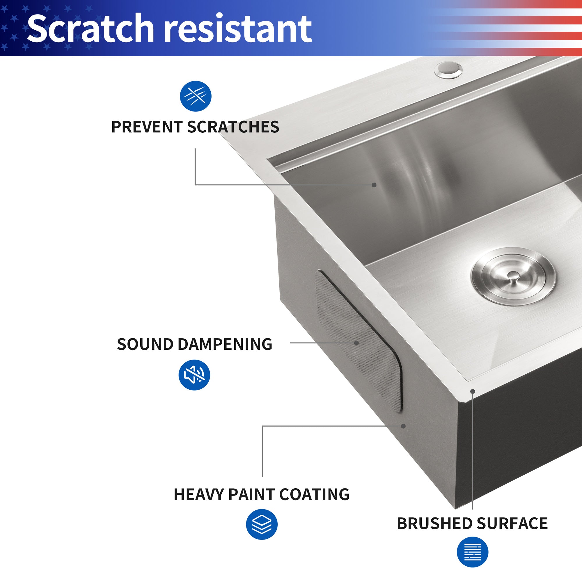 Évier de cuisine en acier inoxydable à cuve simple à encastrer avec poste de travail RX-SS19