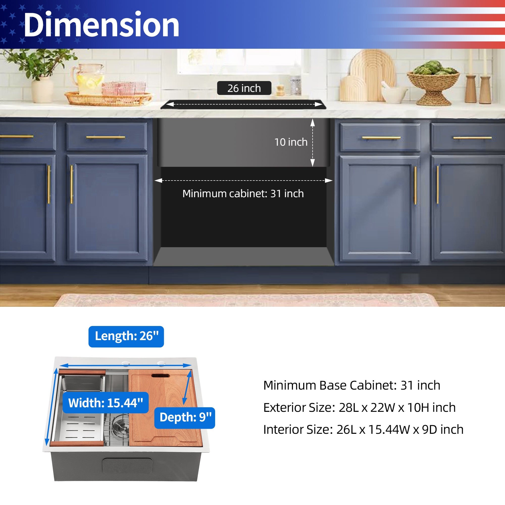 Drop-In Single Bowl Workstation Sink, Stainless Steel (SS19)