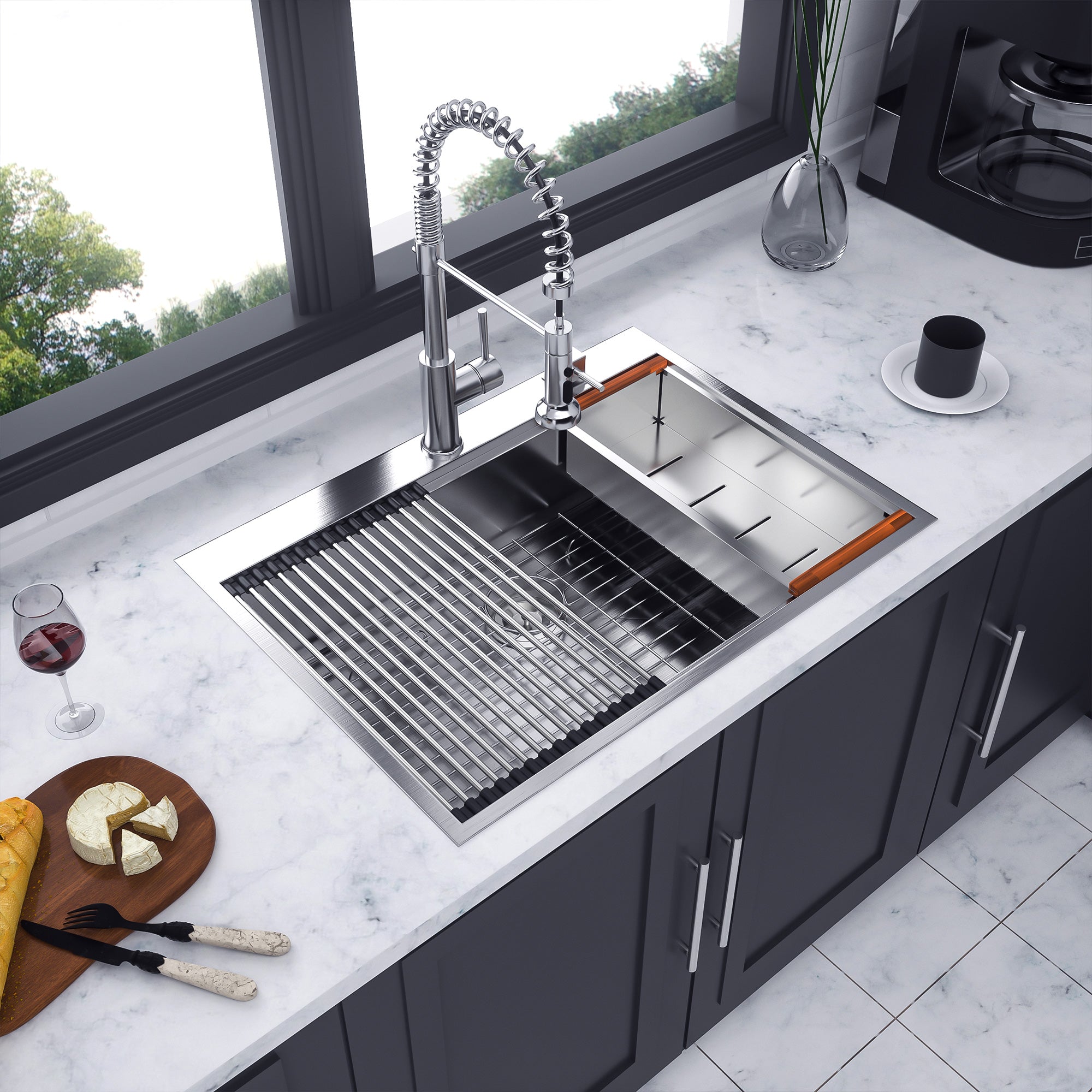 Évier de cuisine en acier inoxydable à cuve simple à encastrer avec poste de travail RX-SS19