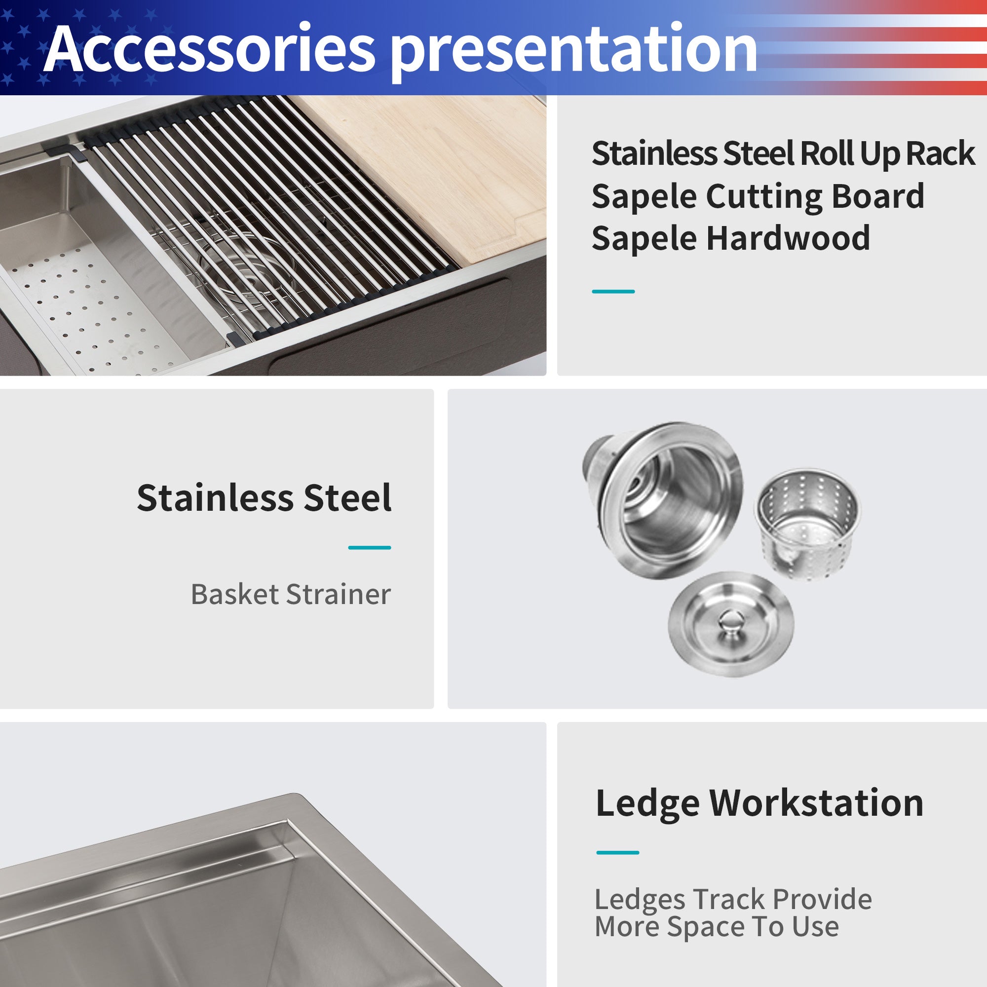 Undermount Single Bowl Workstation Sink, Stainless Steel (SS27)