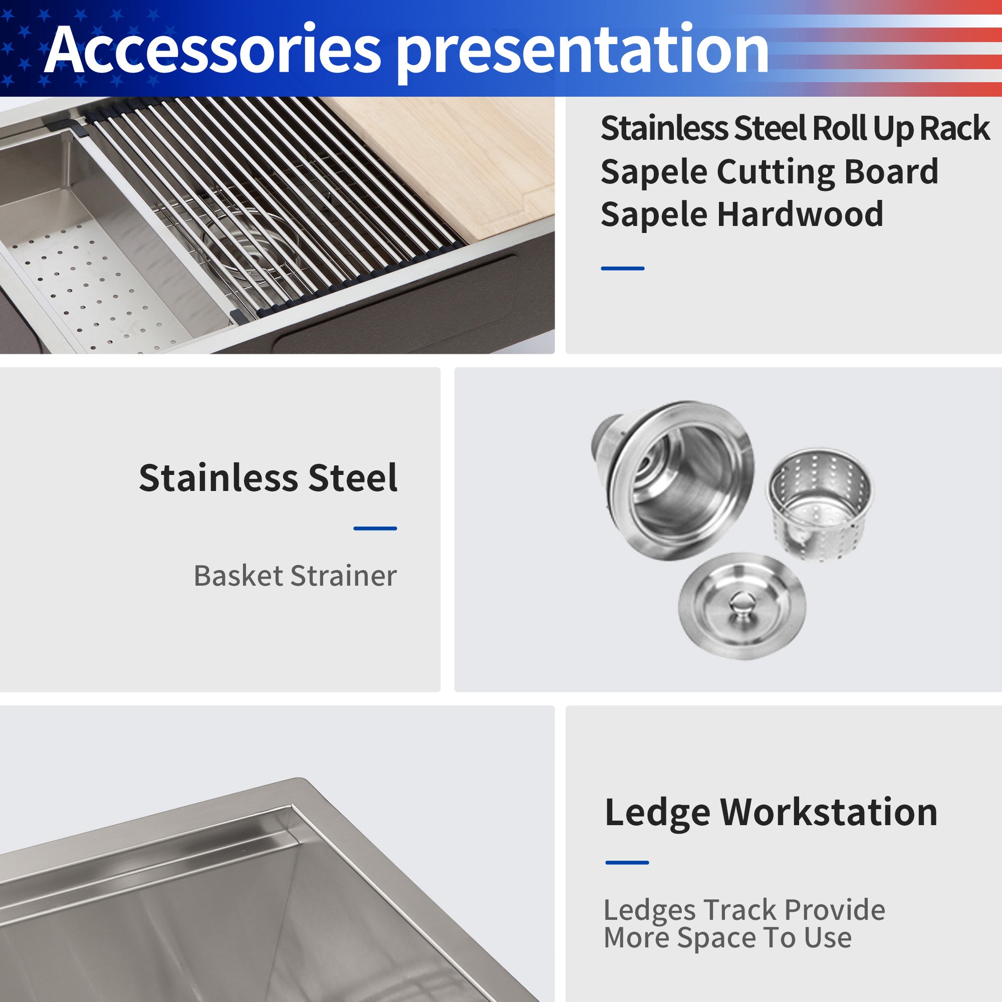Undermount Single Bowl Workstation Sink, Stainless Steel (SS27)
