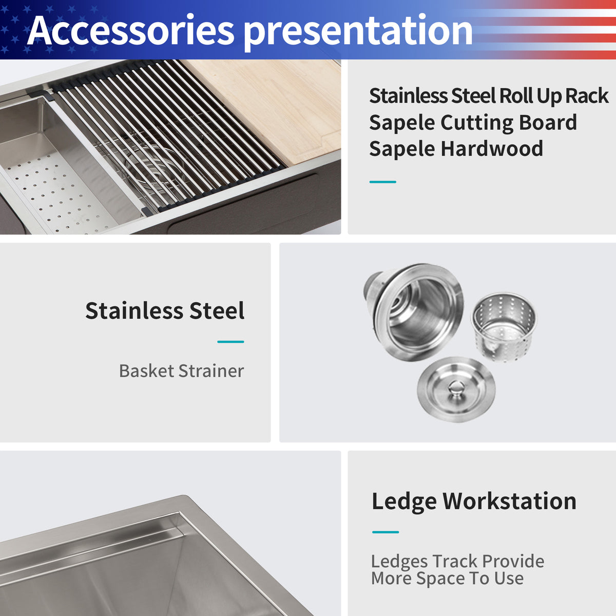 Undermount Single Bowl Workstation Sink, Stainless Steel (SS27)
