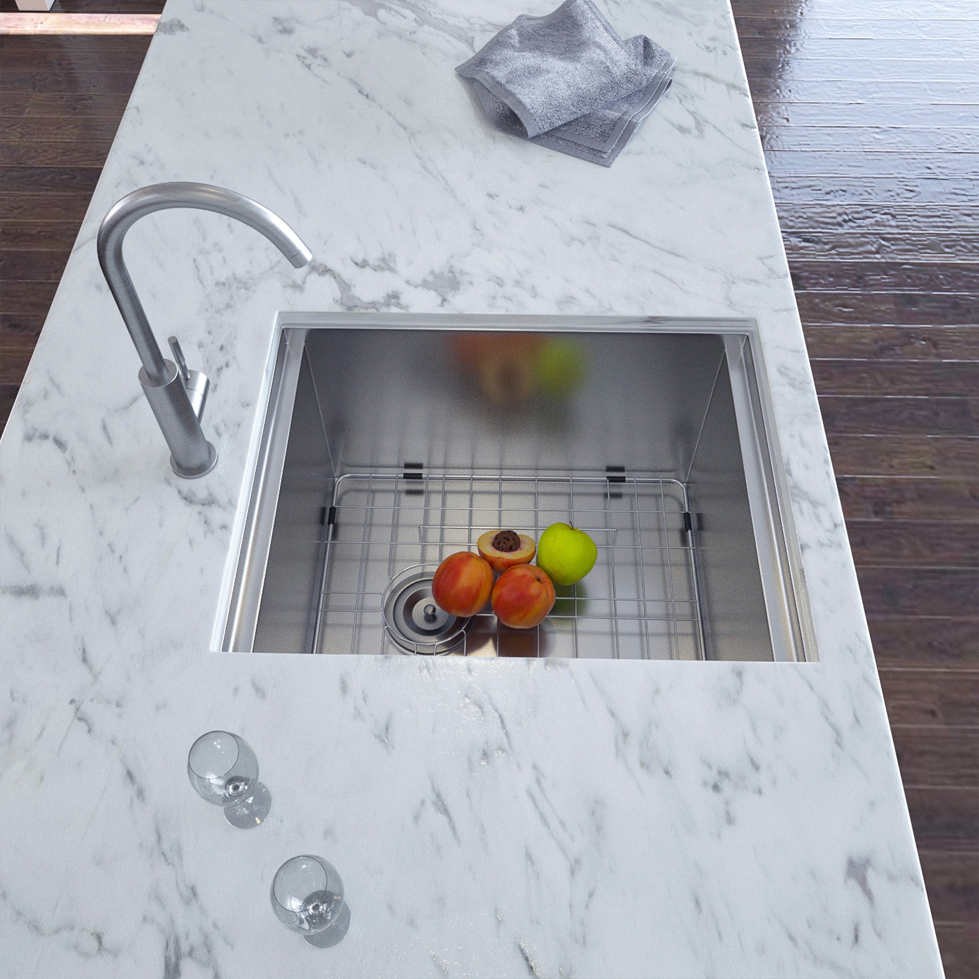 Évier de cuisine sous plan en acier inoxydable à cuve simple avec poste de travail RX-SS28