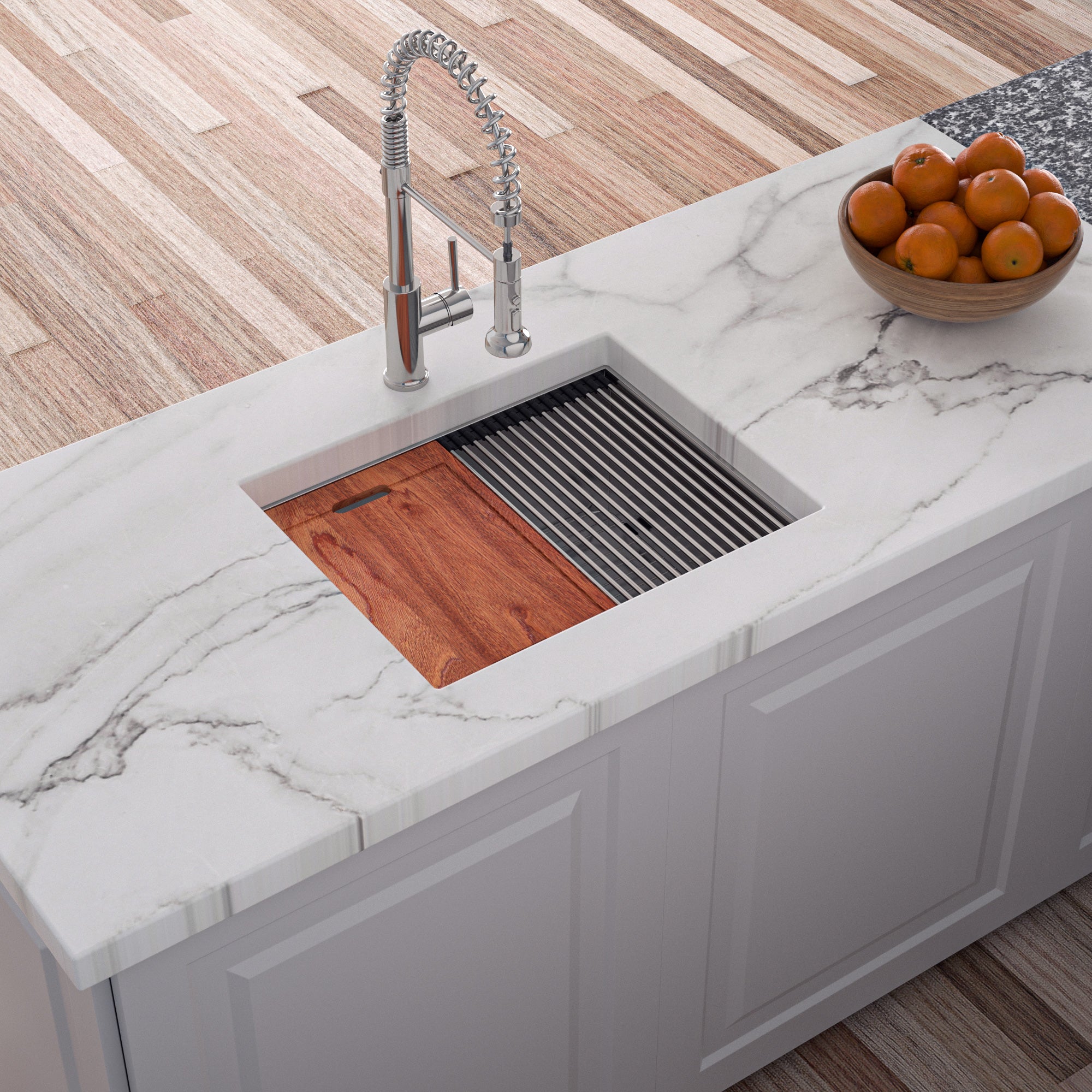 Évier de cuisine sous plan en acier inoxydable à cuve simple avec poste de travail RX-SS28