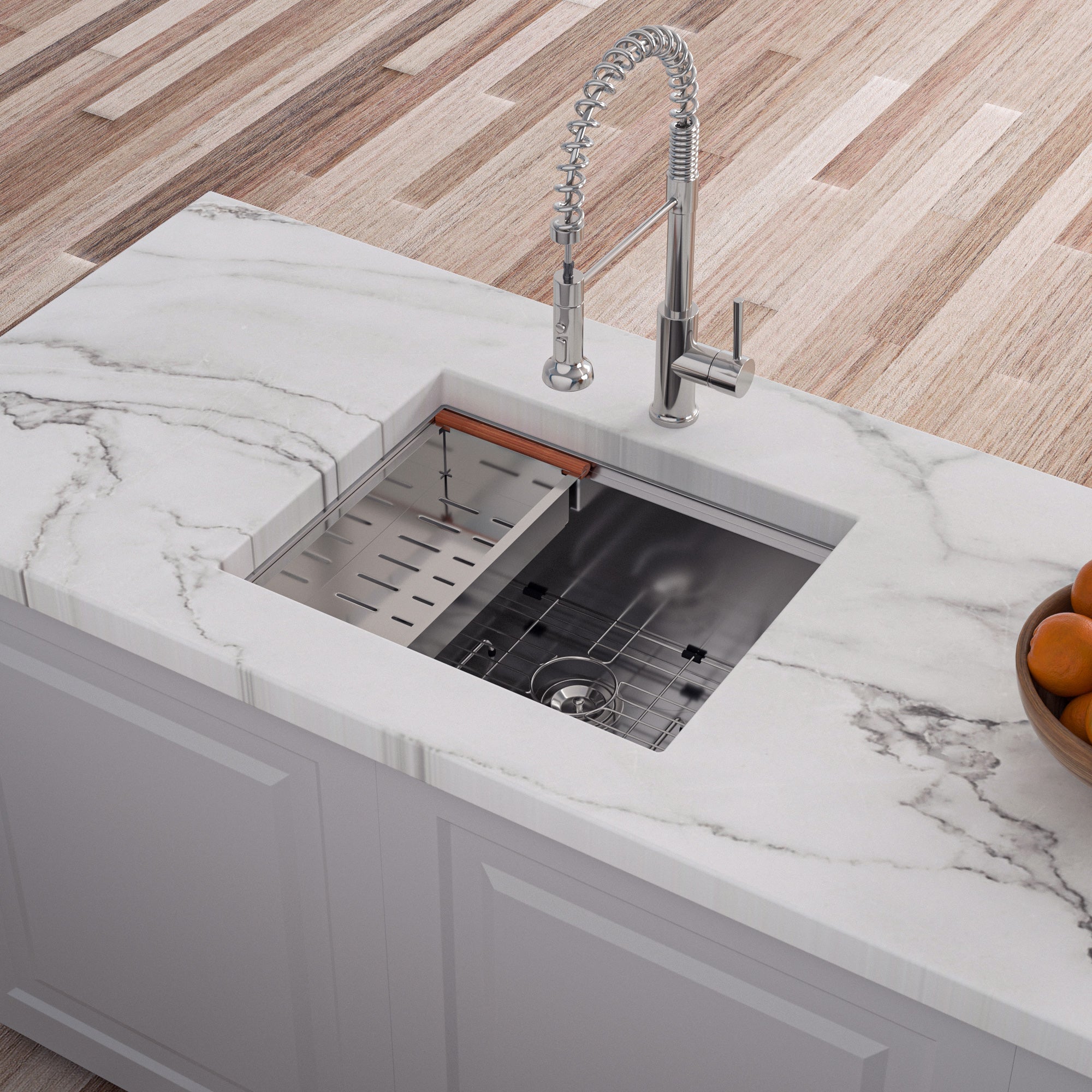 Évier de cuisine sous plan en acier inoxydable à cuve simple avec poste de travail RX-SS28