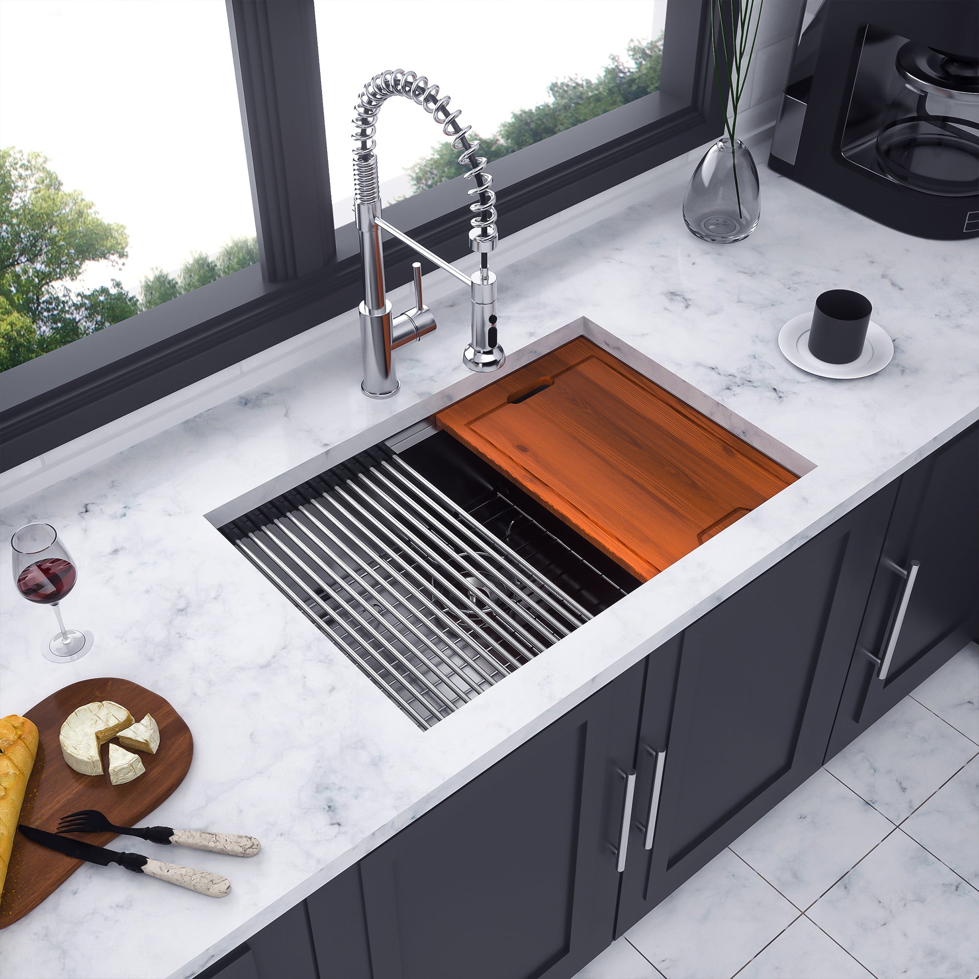 Évier de cuisine sous plan en acier inoxydable à cuve simple avec poste de travail RX-SS28