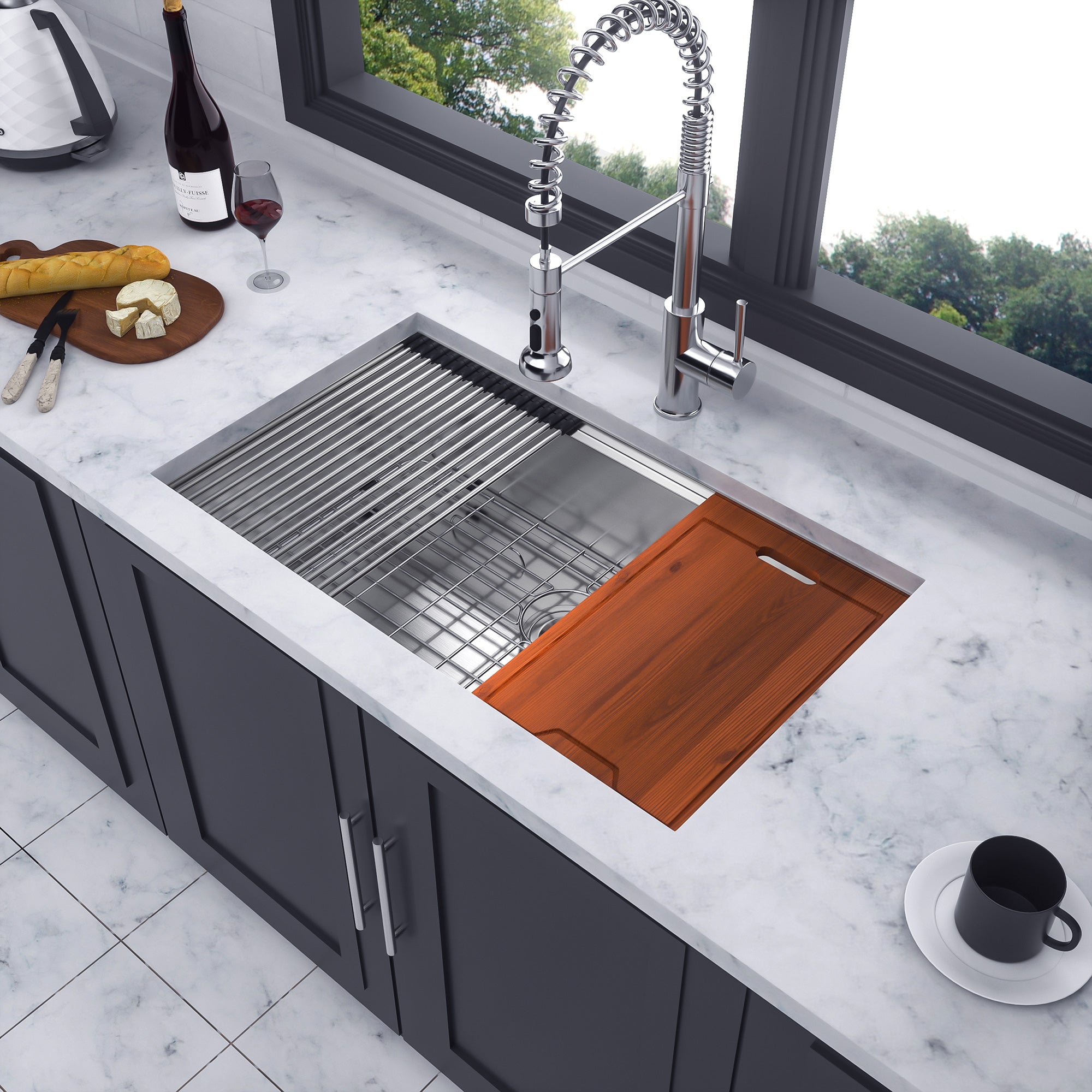 Évier de cuisine sous plan en acier inoxydable à cuve simple avec poste de travail RX-SS28