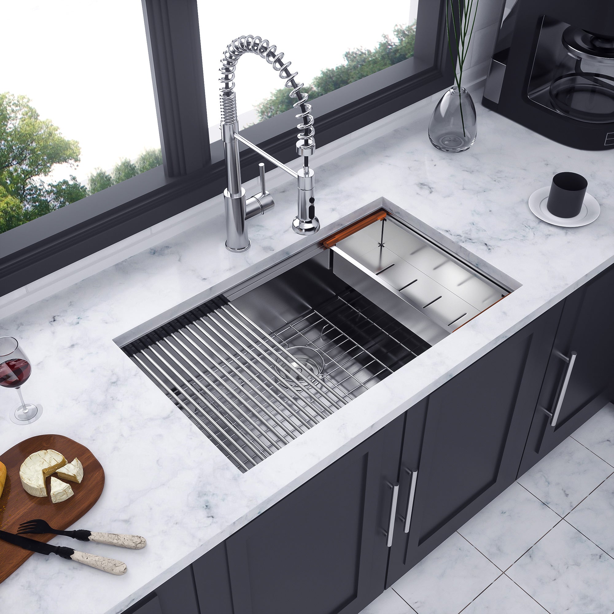 Évier de cuisine sous plan en acier inoxydable à cuve simple avec poste de travail RX-SS28