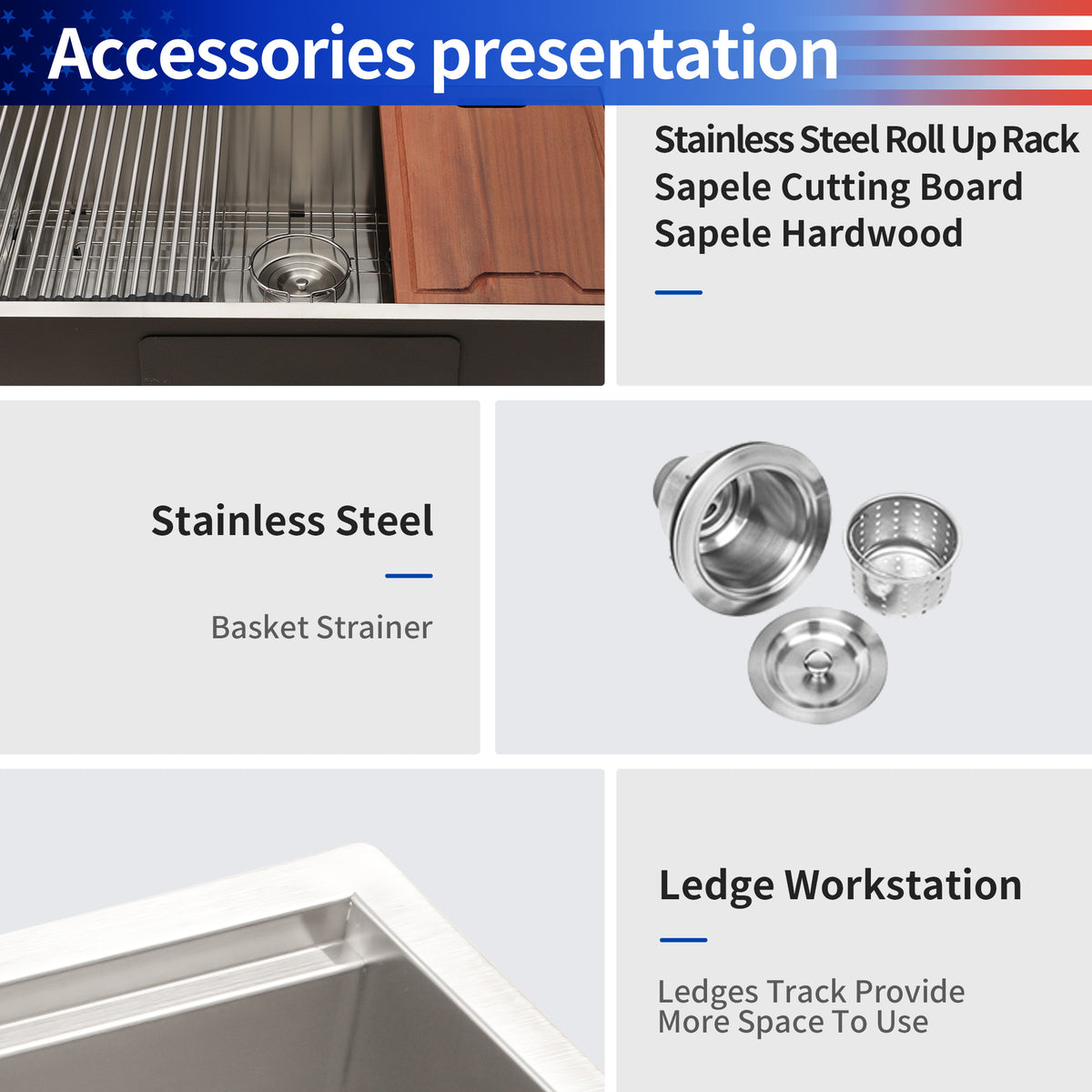 Undermount Single Bowl Workstation Sink, Stainless Steel (SS27)
