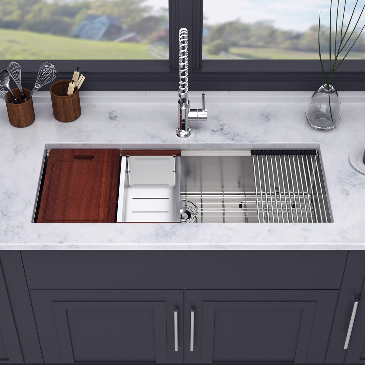 Undermount Single Bowl Workstation Sink, Stainless Steel (SS27)