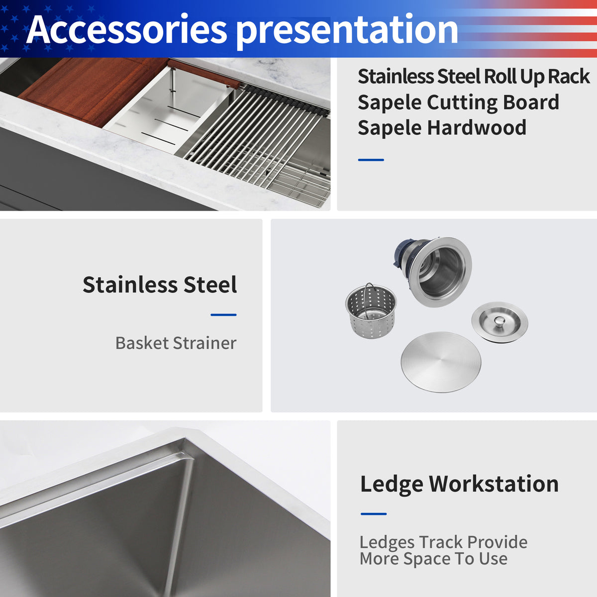 Undermount Single Bowl Workstation Sink, Stainless Steel (SS27)