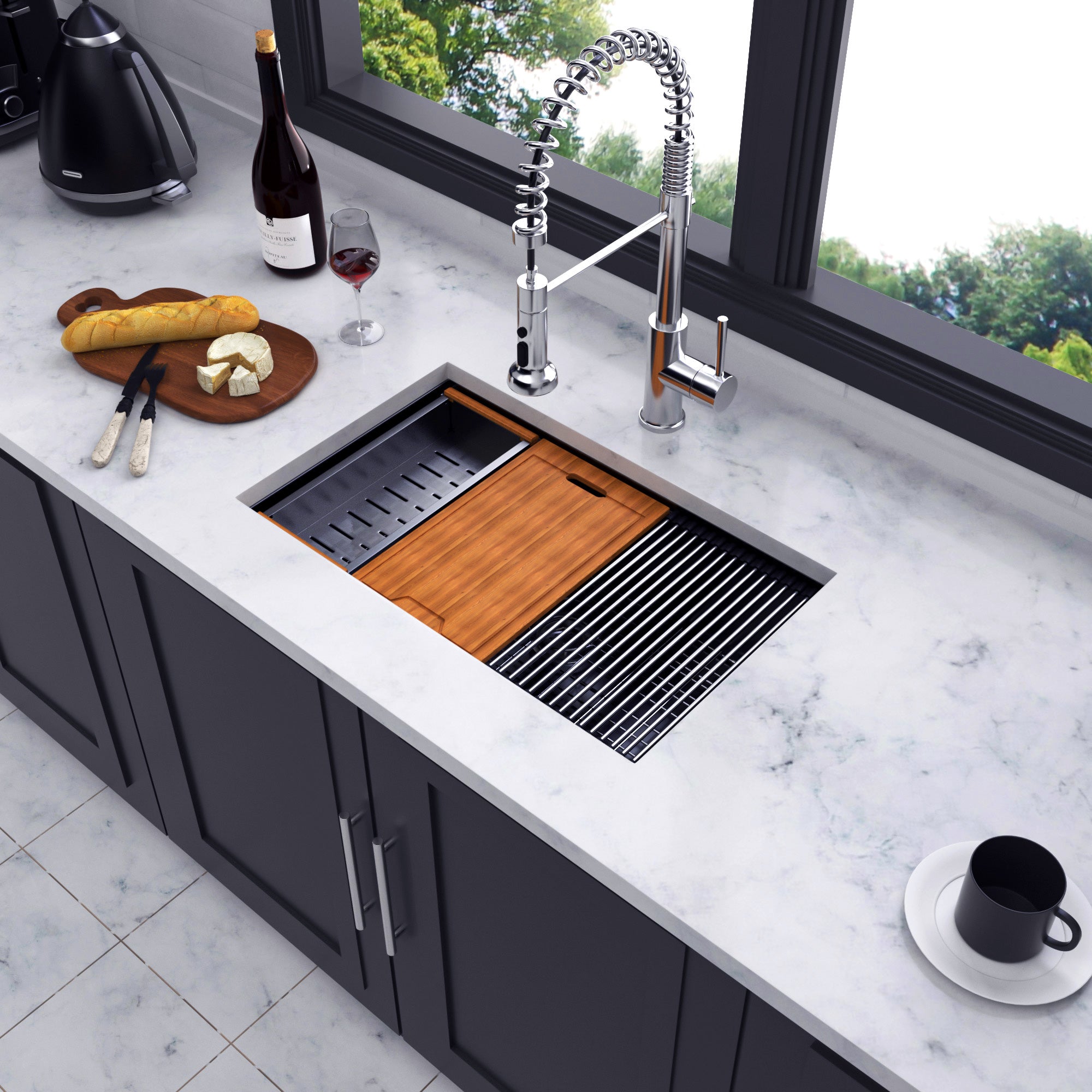 Évier de cuisine sous plan en acier inoxydable à cuve simple avec poste de travail RX-SS29