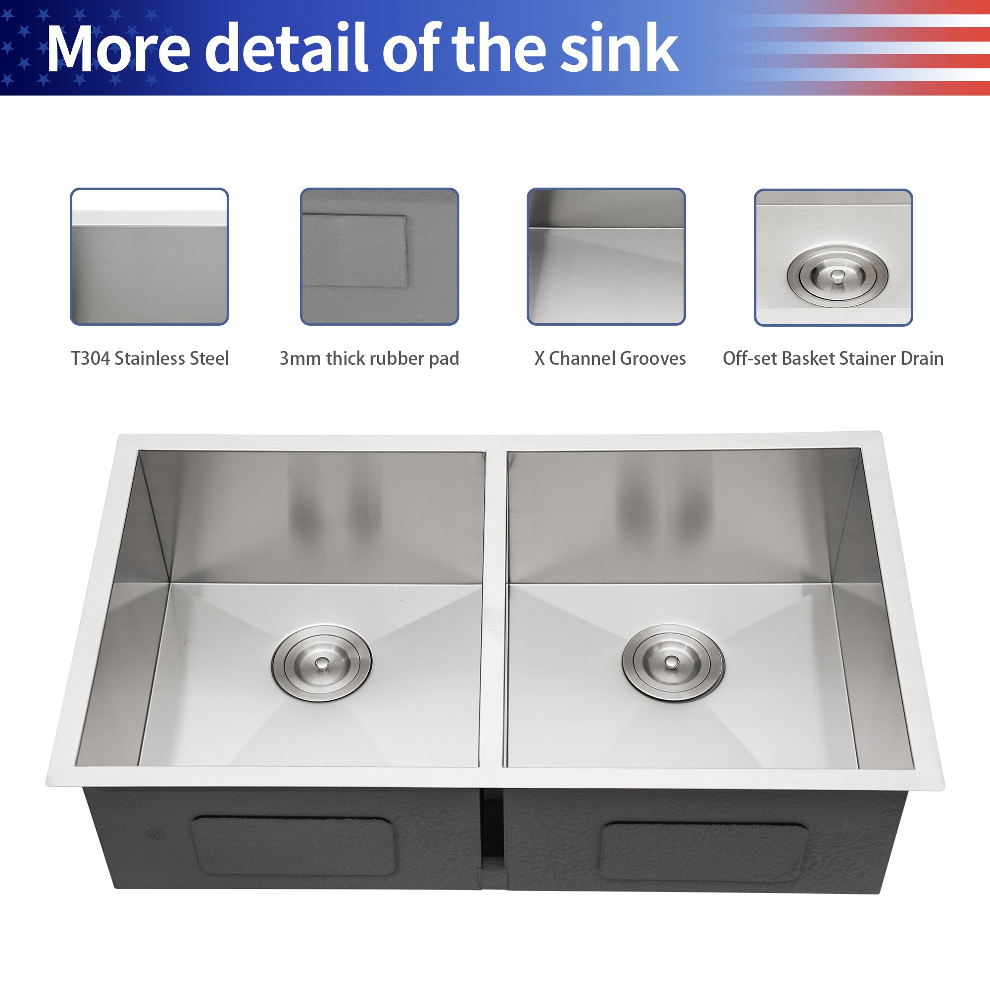 Undermount Double Bowl Kitchen Sink, Stainless Steel (SS30)