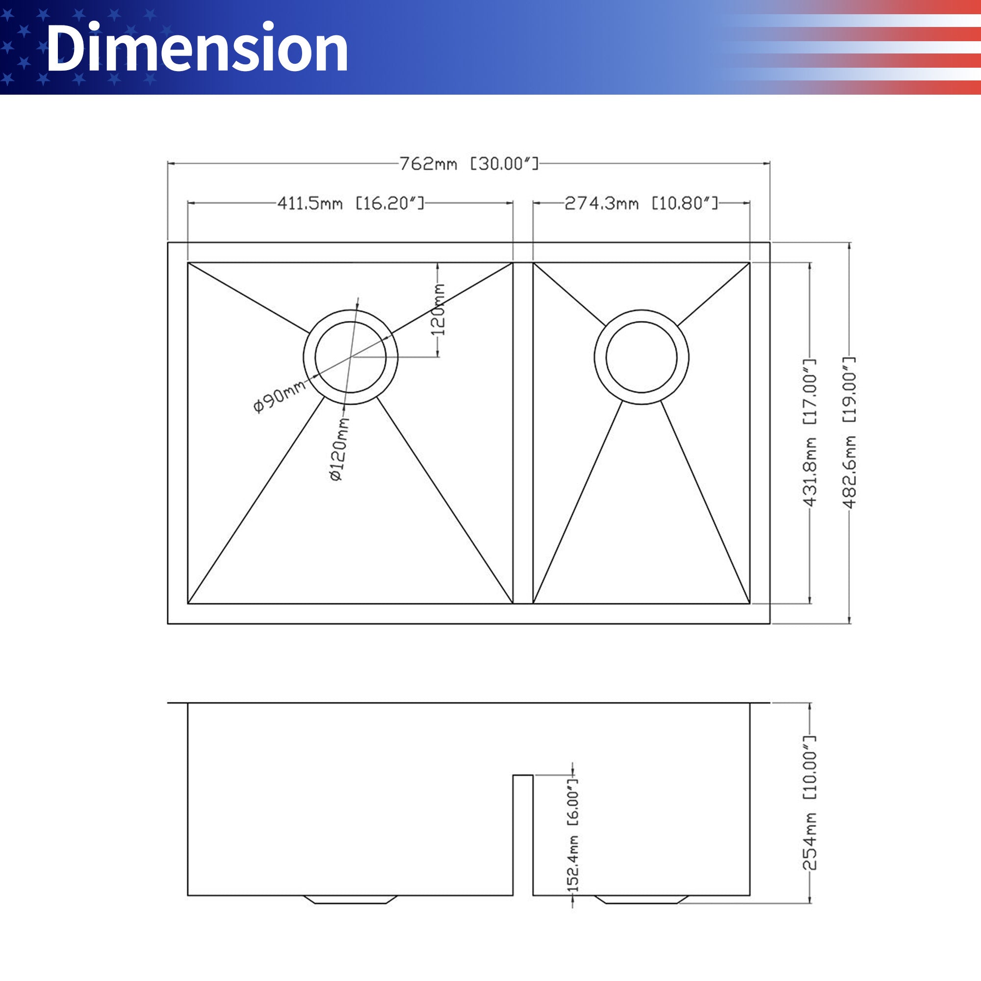 Undermount Double Bowl Stainless Steel Kitchen Sink RX-SS32