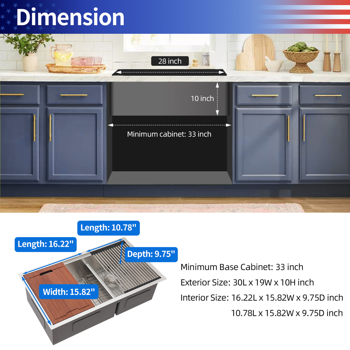 Undermount Double Bowl Workstation Sink, Stainless Steel (SS33)
