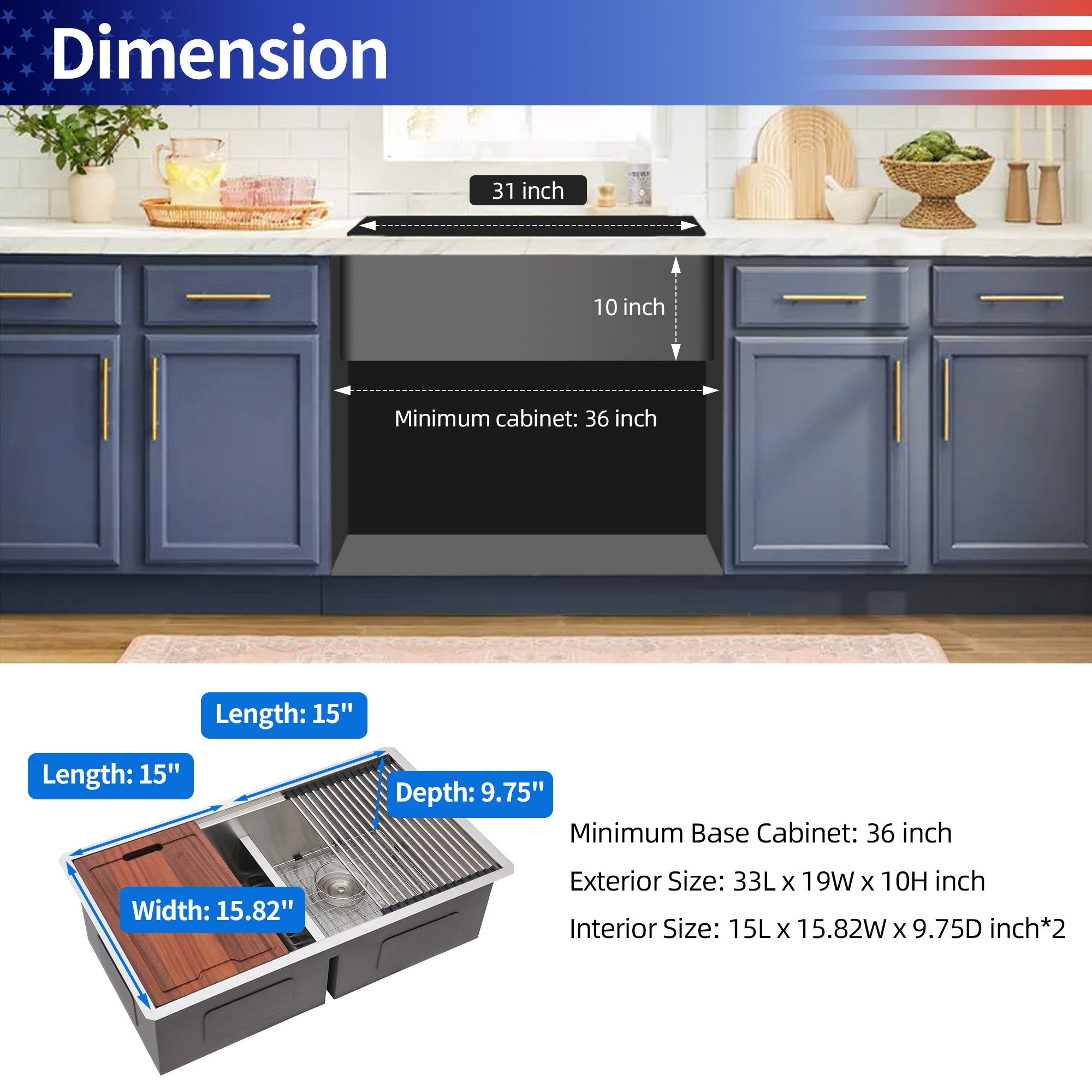 Undermount Double Bowl Workstation Sink, Stainless Steel (SS33)
