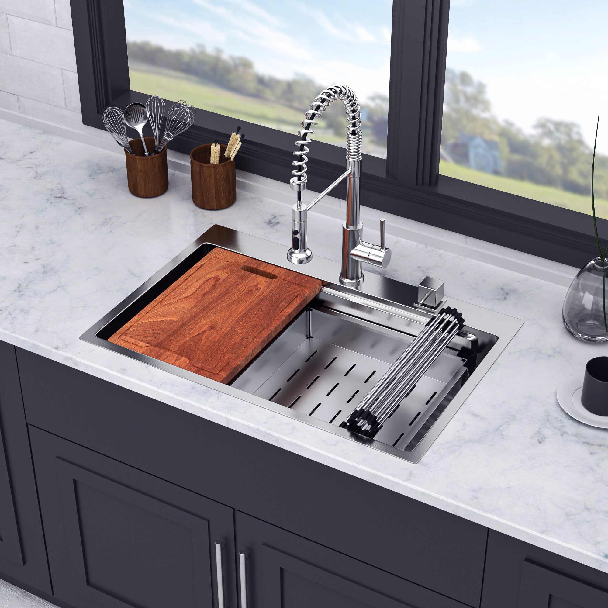 33" x 22" Drop-In Single Bowl Workstation Sink, Stainless Steel (SS35)