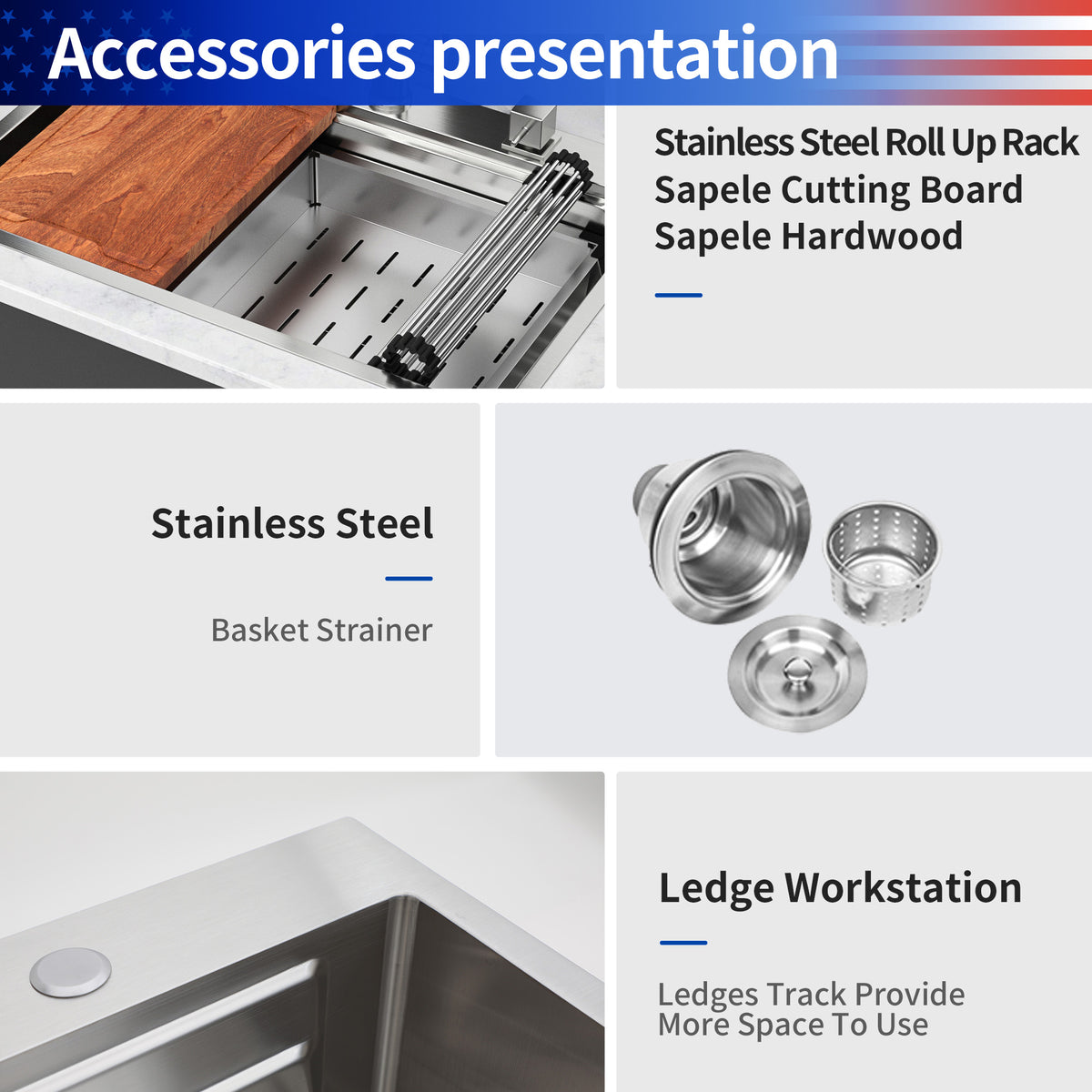 RAINLEX 33" x 22" Drop-In Workstation Kitchen Sink in Stainless Steel (SS35)