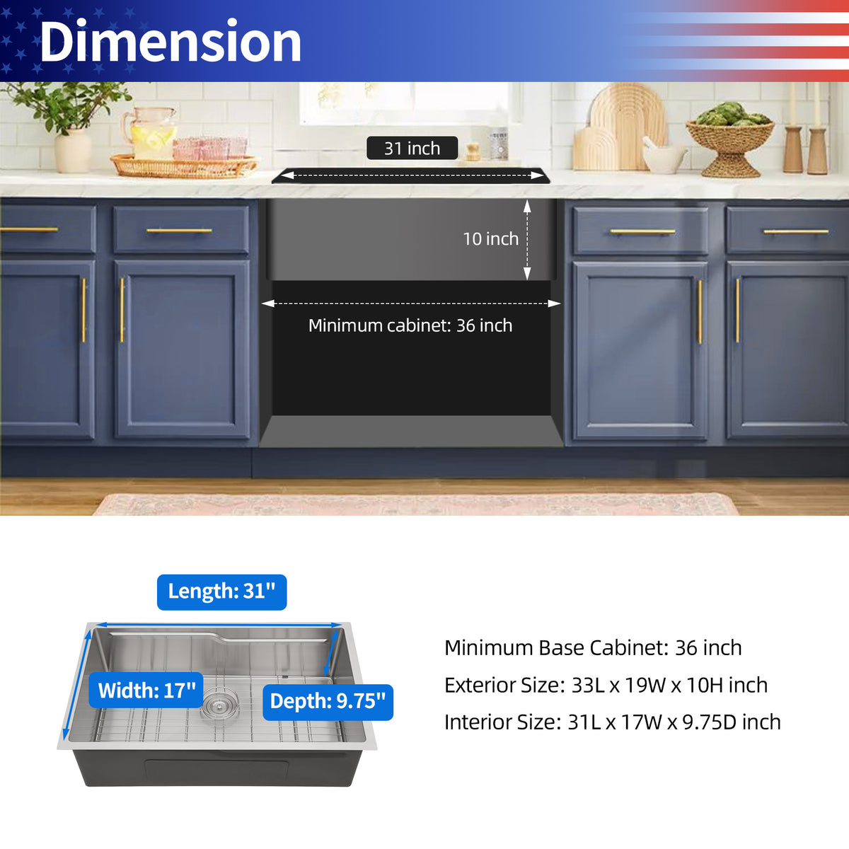 RAINLEX 33" x 19" Undermount Workstation Kitchen Sink in Stainless Steel (SS36)