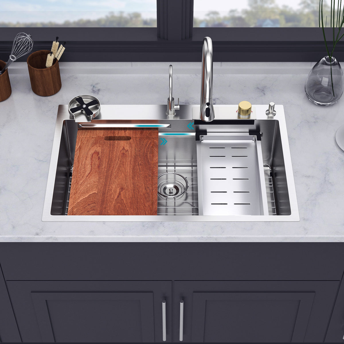 RAINLEX 33" x 22" Drop-In Workstation Kitchen Sink with Pull-Out Faucet