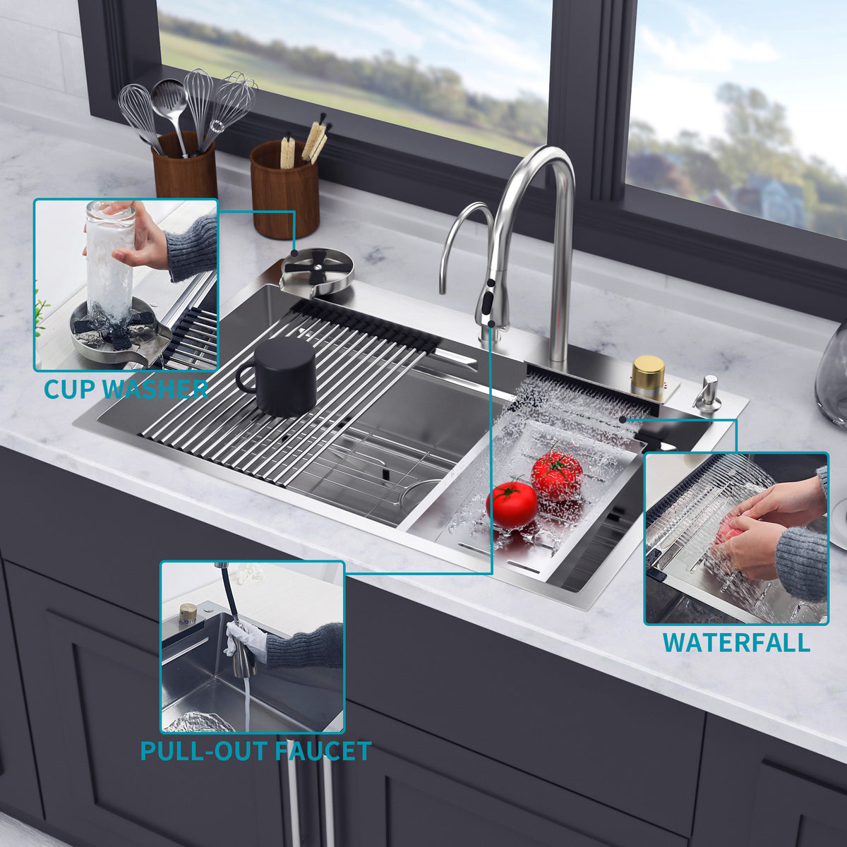 RAINLEX 33" x 22" Drop-In Workstation Kitchen Sink with Pull-Out Faucet
