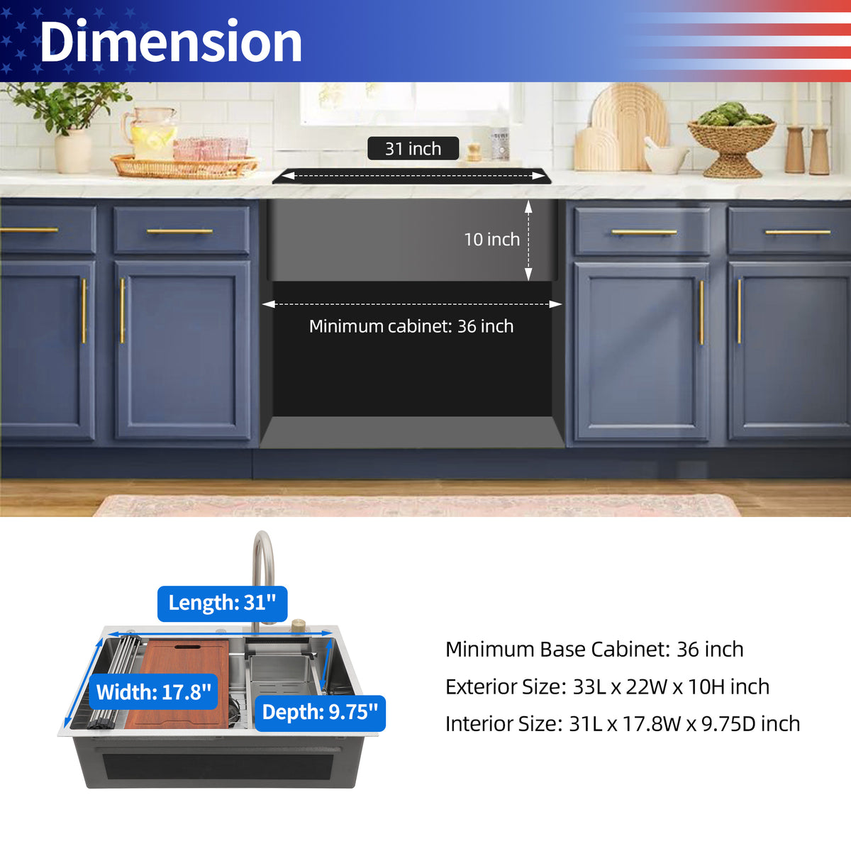 RAINLEX 33" x 22" Drop-In Workstation Kitchen Sink with Pull-Out Faucet