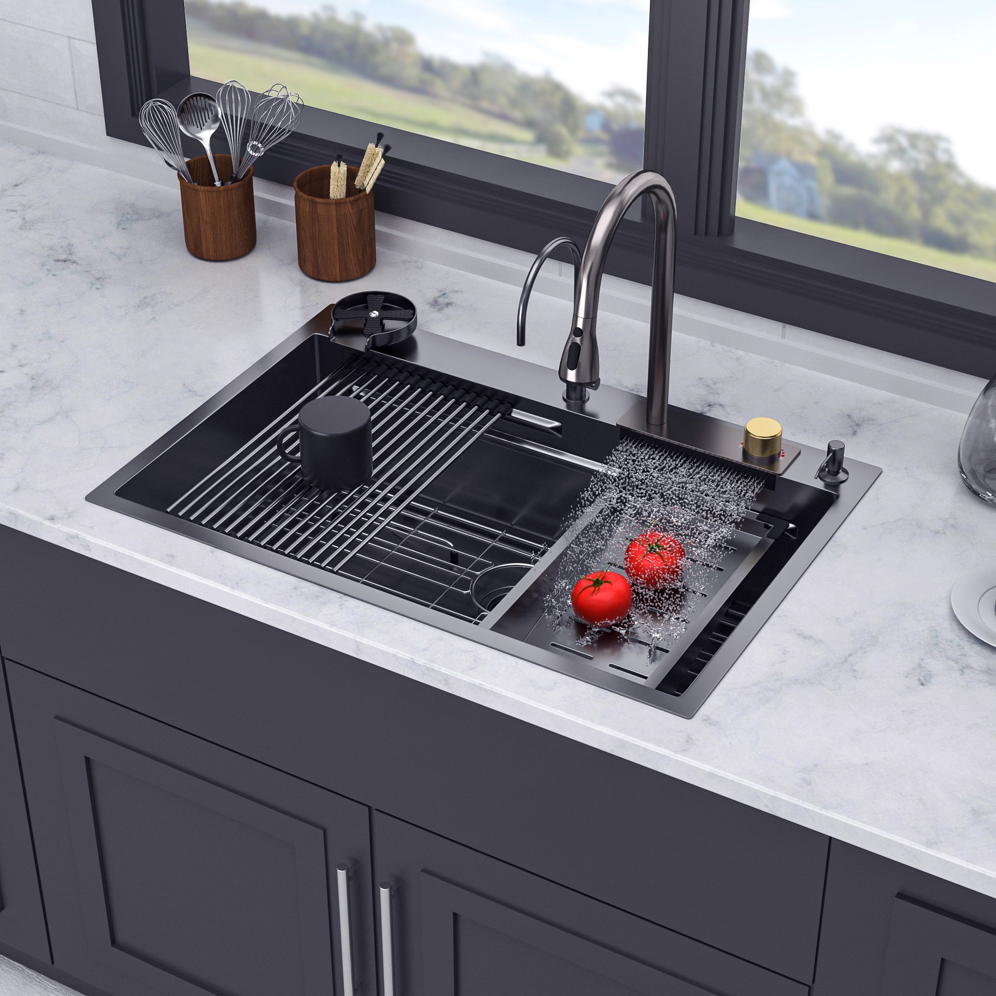33" x 22" Drop-In Single Bowl Workstation Sink with Pull-Out Faucet and Cup Washer, Black