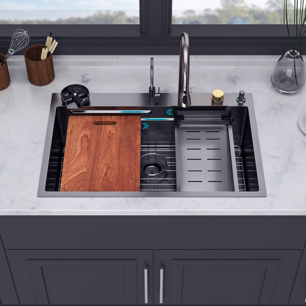 RAINLEX 33" x 22" Drop-In Workstation Kitchen Sink with Pull-Out Faucet in Black
