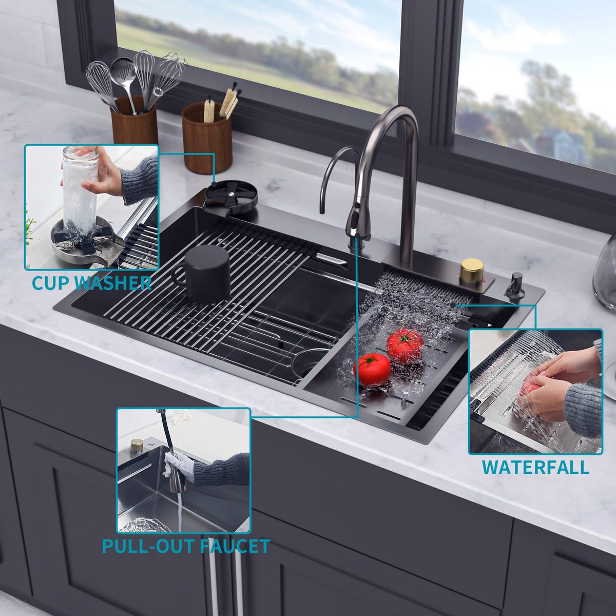 RAINLEX 33" x 22" Drop-In Workstation Kitchen Sink with Pull-Out Faucet in Black