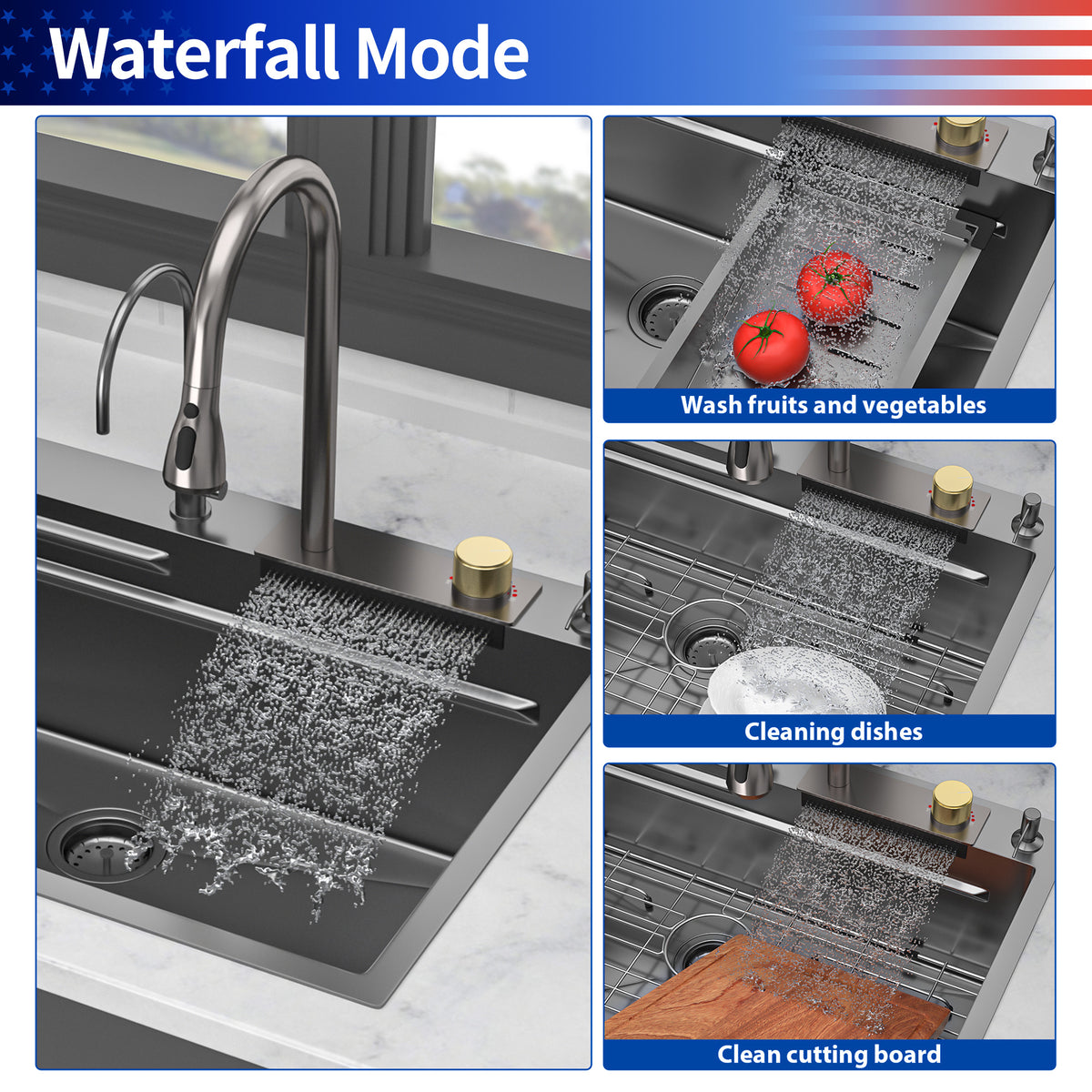 RAINLEX 33" x 22" Drop-In Workstation Kitchen Sink with Pull-Out Faucet in Black