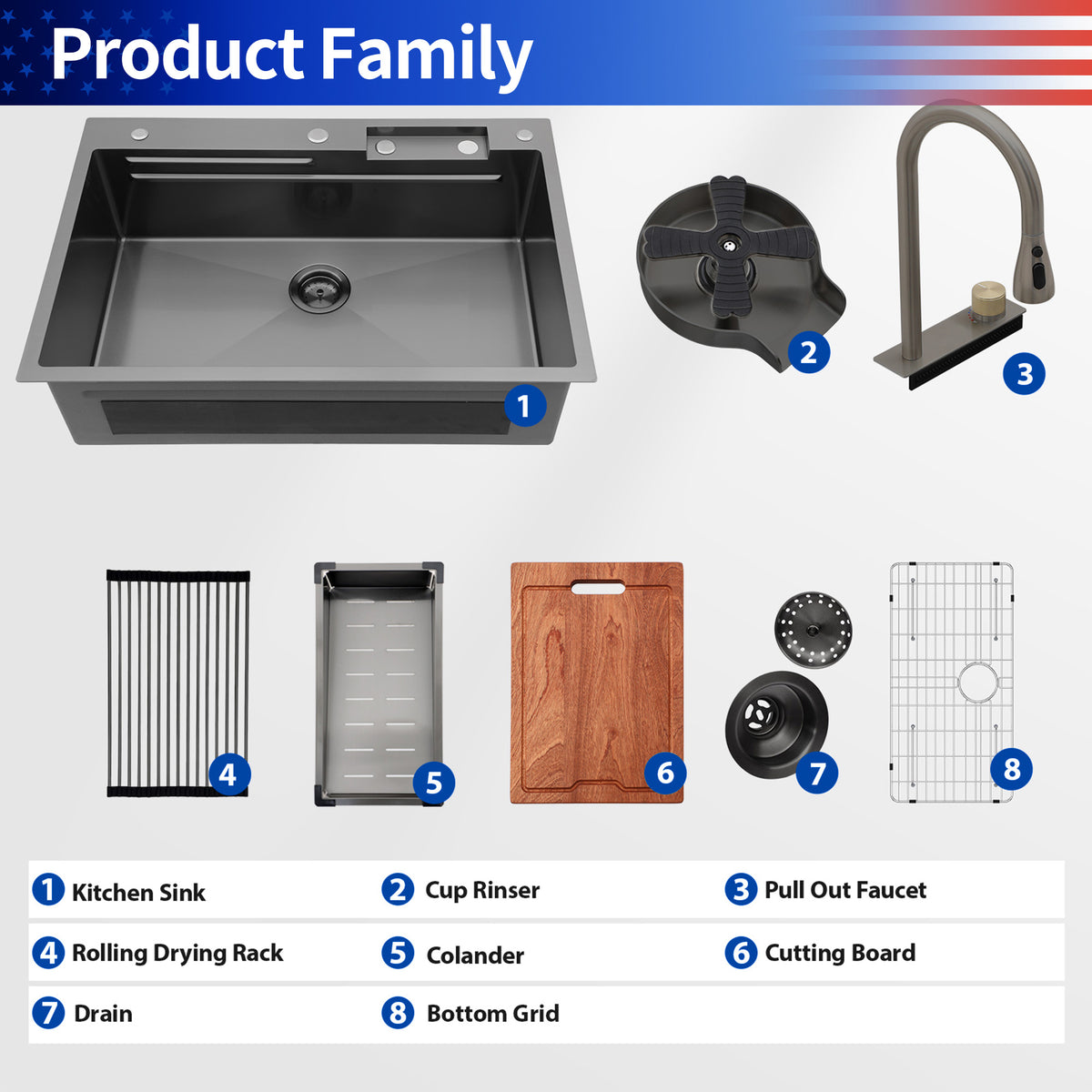 RAINLEX 33" x 22" Drop-In Workstation Kitchen Sink with Pull-Out Faucet in Black