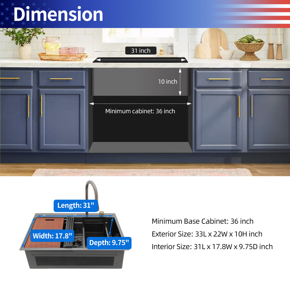 RAINLEX 33" x 22" Drop-In Workstation Kitchen Sink with Pull-Out Faucet in Black