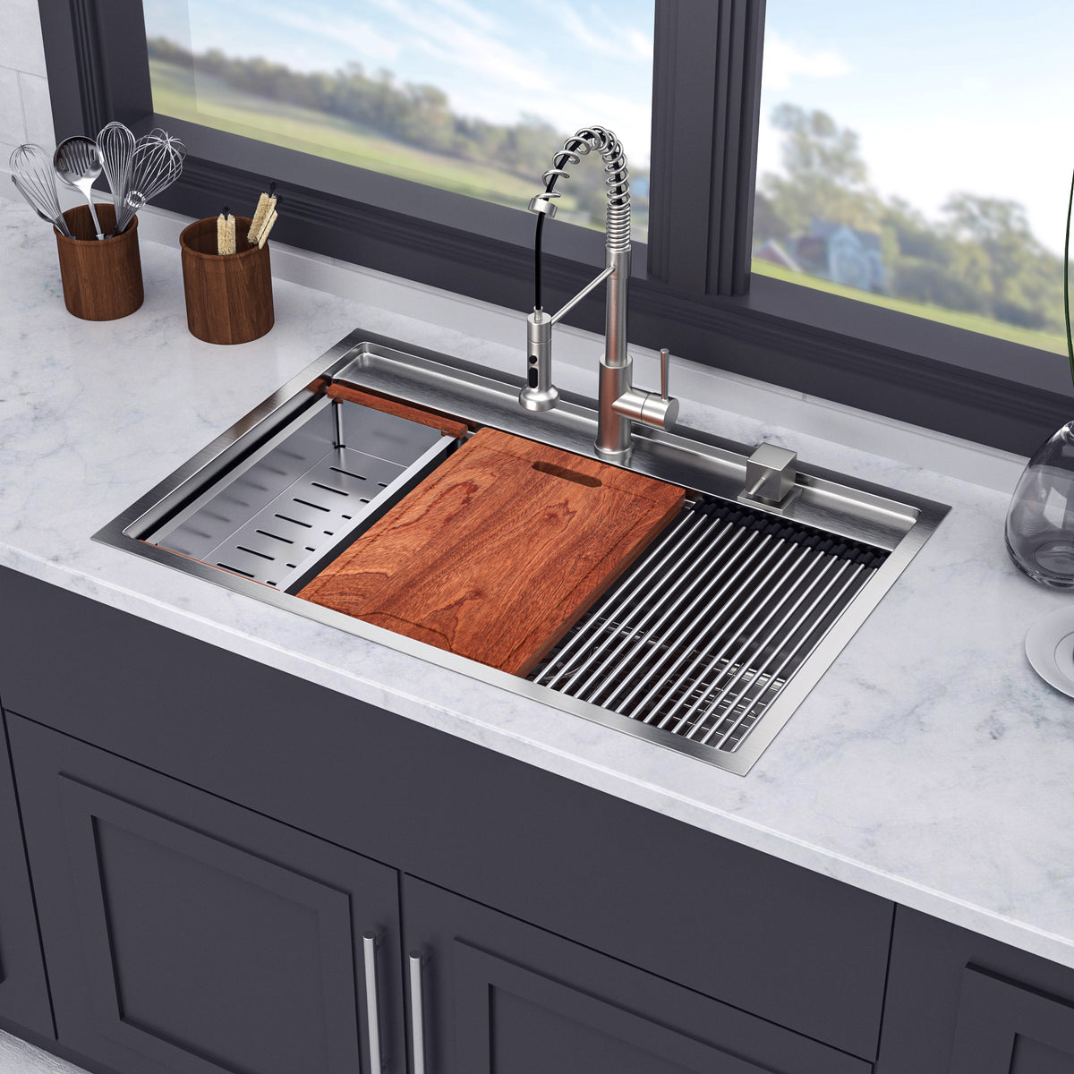 RAINLEX 33" x 22" Drop-In Workstation Kitchen Sink in Stainless Steel (SS41)