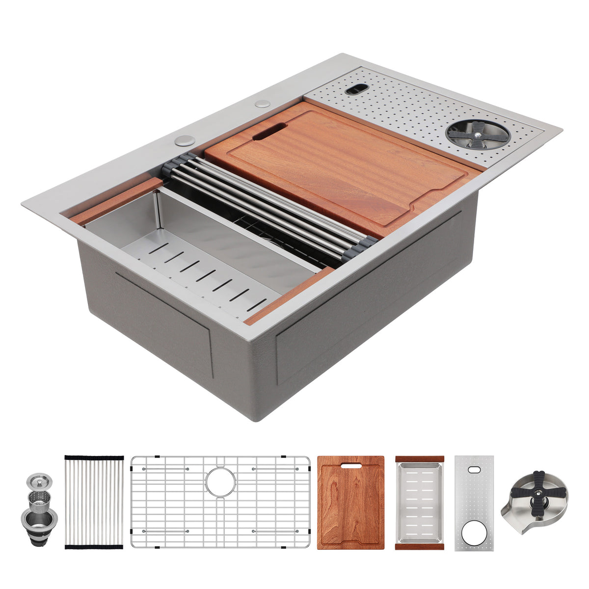 RAINLEX 33" x 22" Drop-In Workstation Kitchen Sink in Stainless Steel - RX-SS42-3322