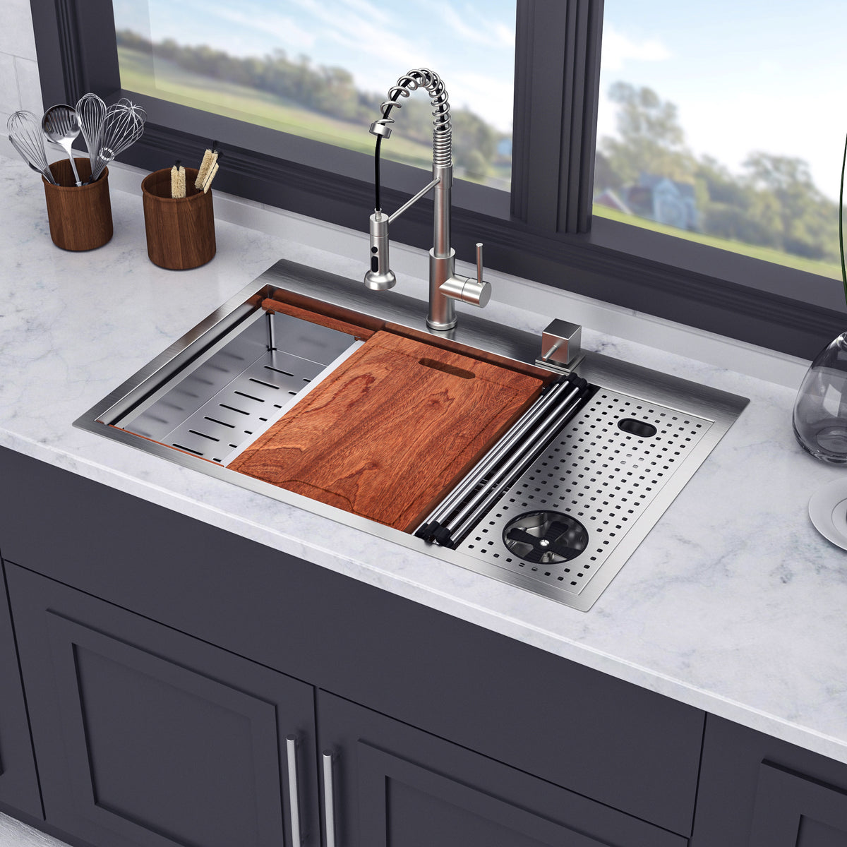 RAINLEX 33" x 22" Drop-In Workstation Kitchen Sink in Stainless Steel - RX-SS42-3322